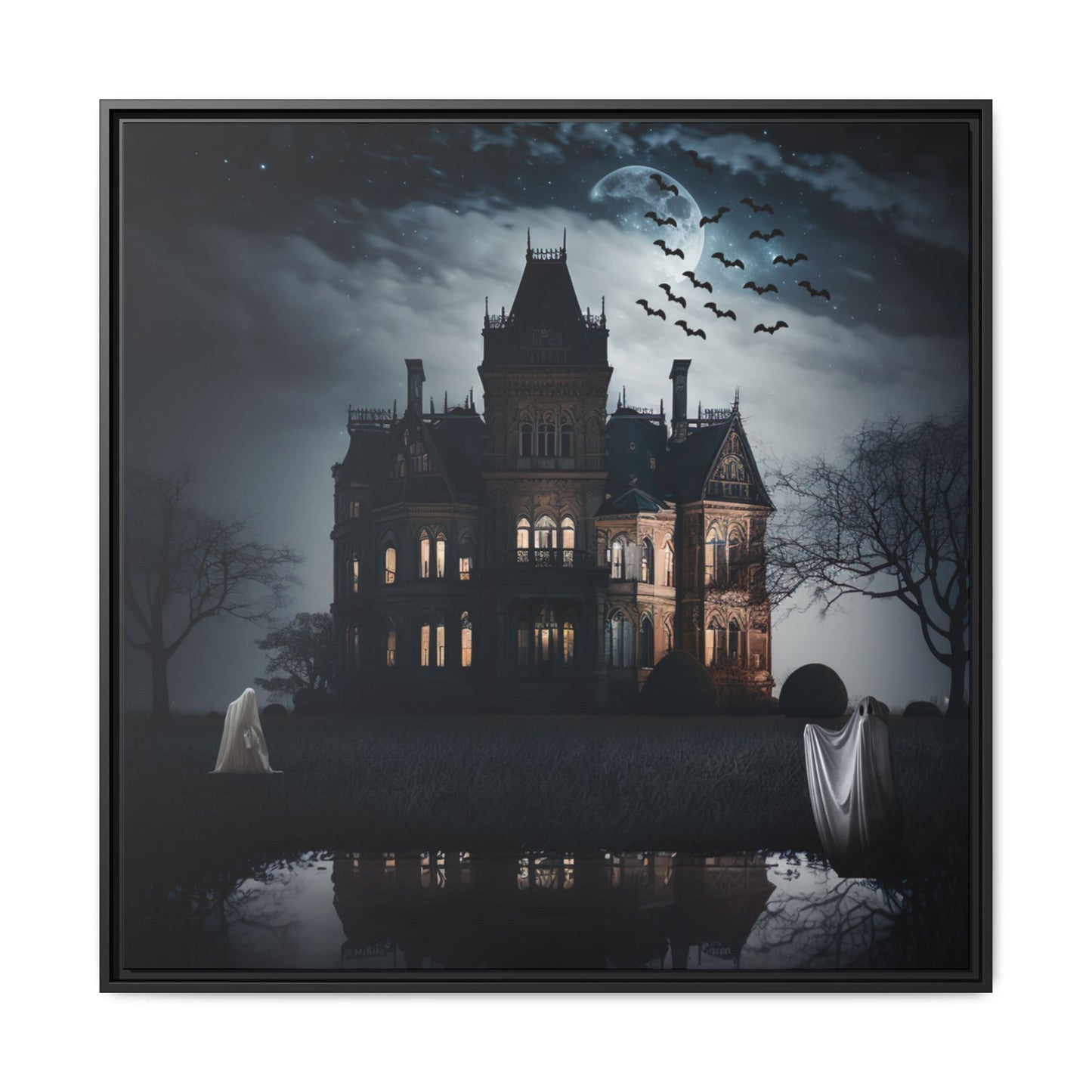 Mansion at night with ghosts and bats, framed artwork