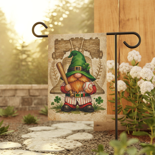 St Patrick’s Day Gnome Garden Flag – Irish Baseball Gnome with Liberty Bell & Shamrocks | Green Outdoor Decor