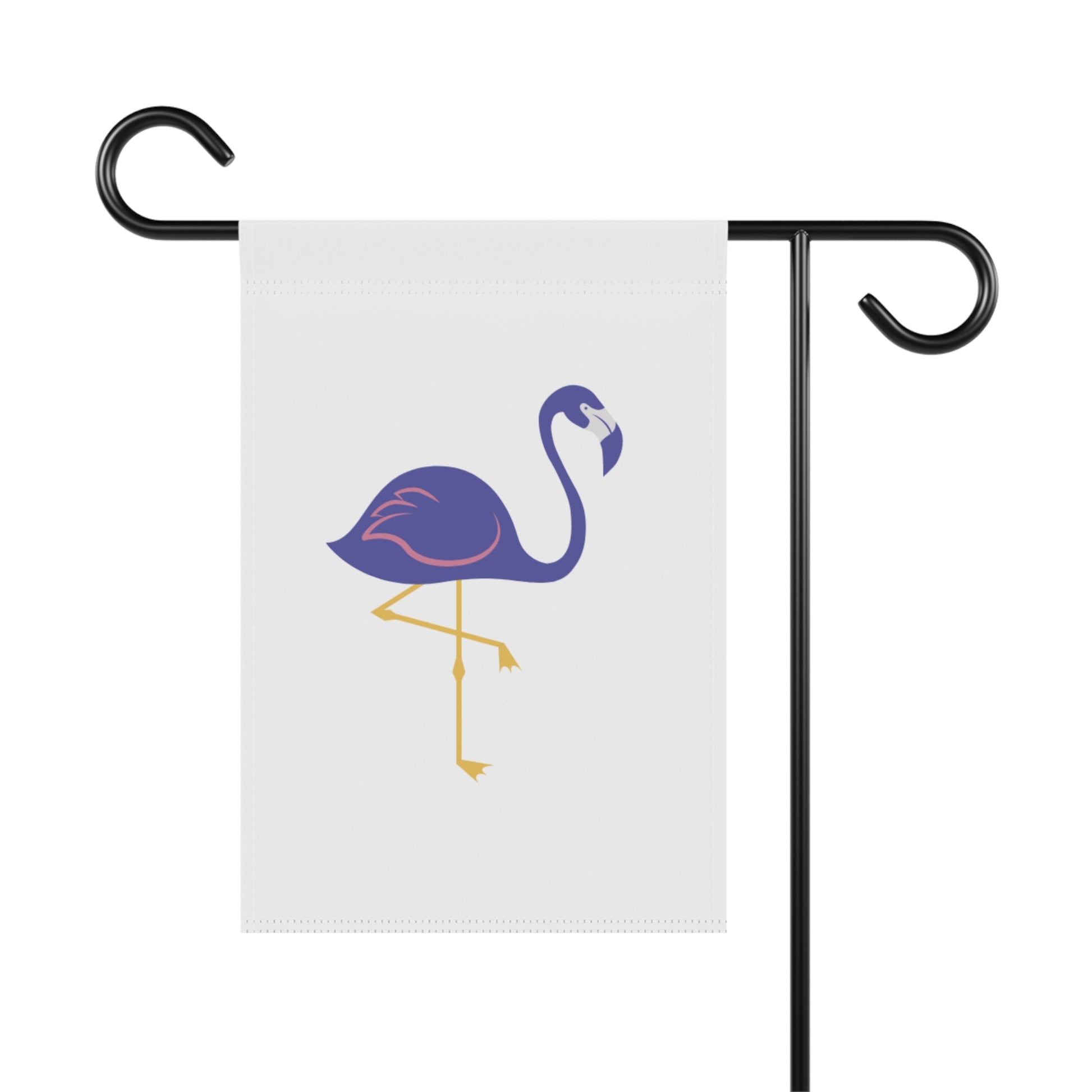 Flamingo-themed garden flag on a stand with a white background