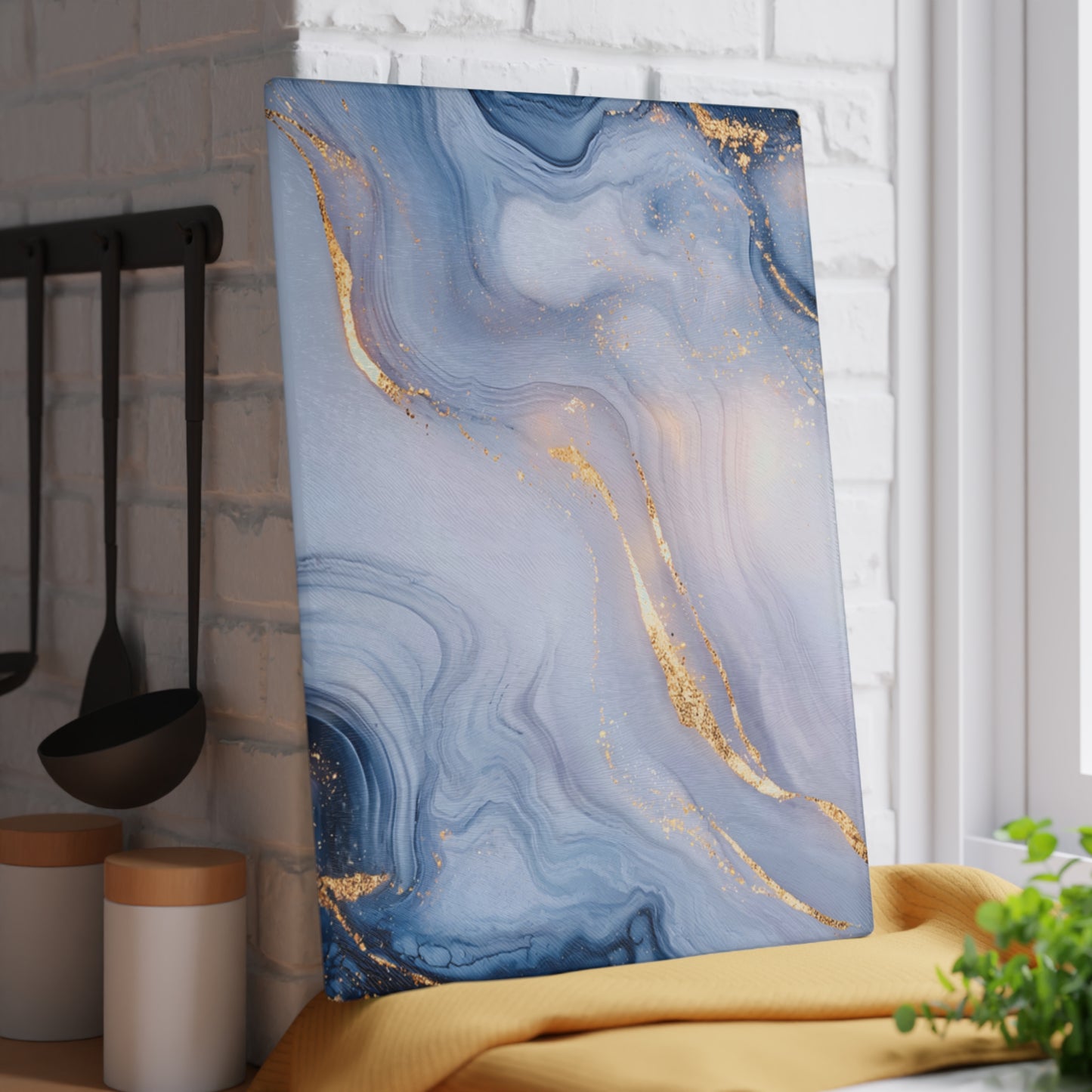 Blue and gold marbled decorative panel in a kitchen setting