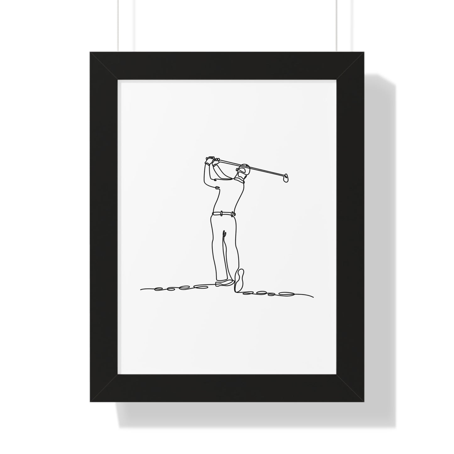 Framed line drawing of a golfer on a white background