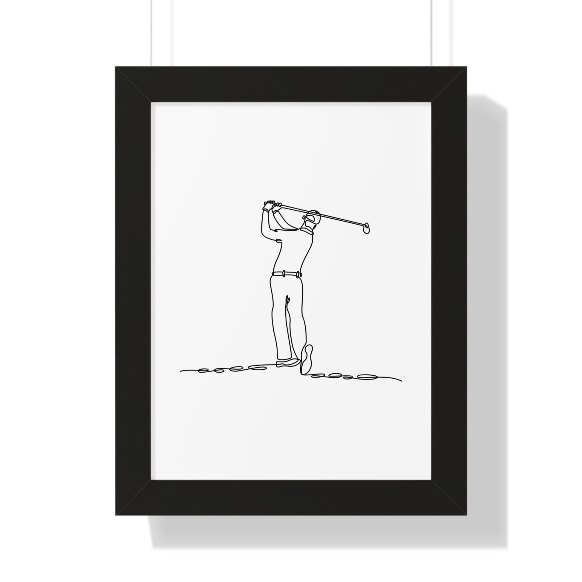 Framed line drawing of a golfer on a white background