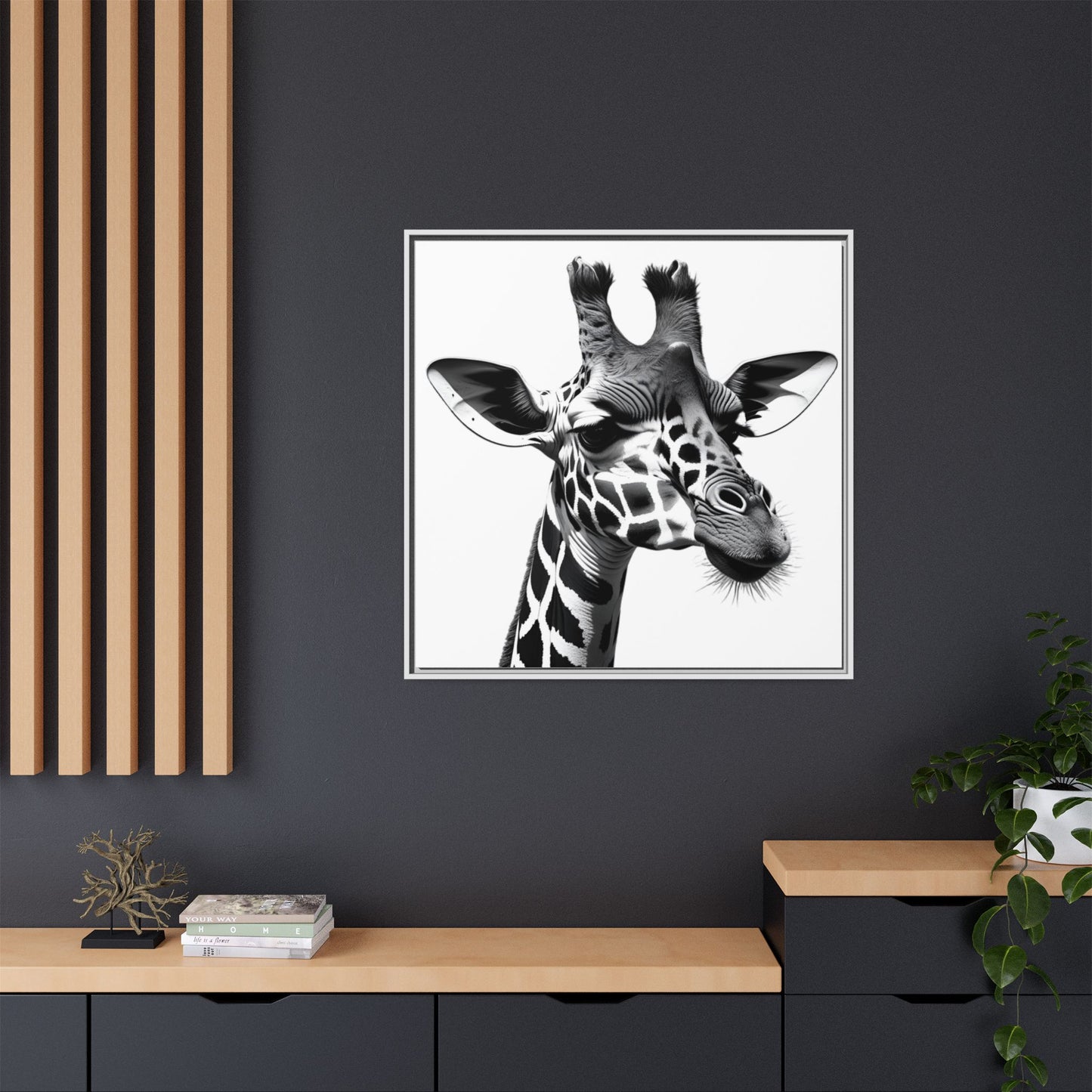 Black and White Giraffe Wall Art – Framed Safari Animal Canvas Print