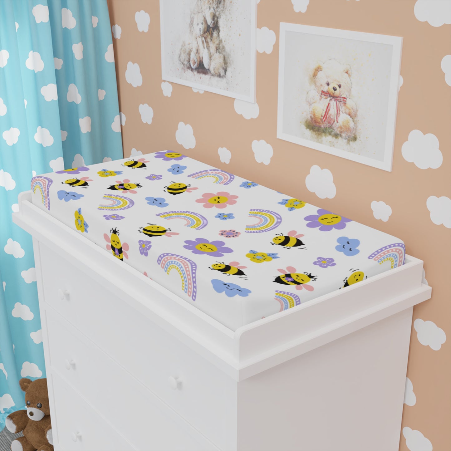 Nursery Changing Pad Cover, Bumble Bee Clouds and Rainbows Changing Cover, Gender Neutral