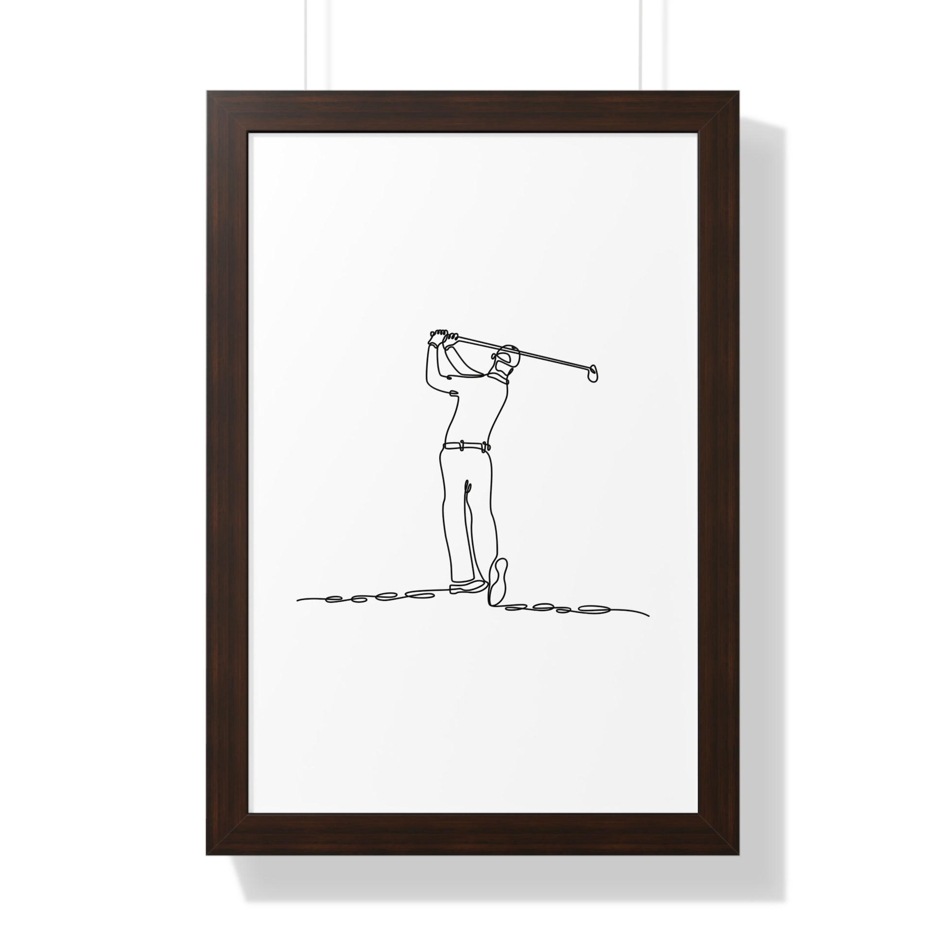 Framed line drawing of a golfer on a white background