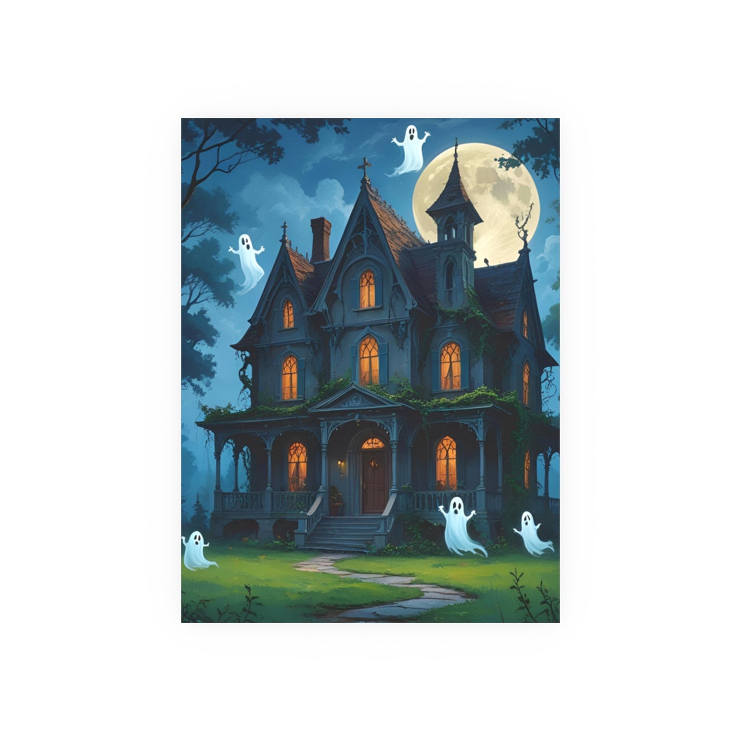 Haunted House Ghosts Poster — Friendly Ghosts Floating Around a Haunted House