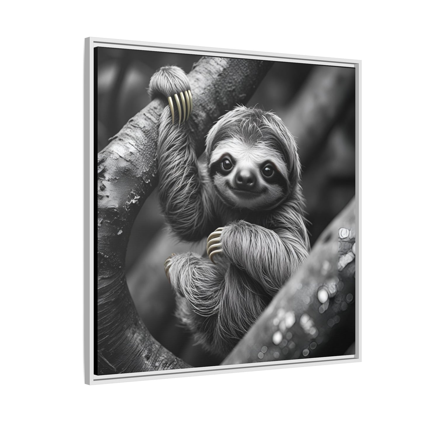 Smiling Sloth Hanging on Tree Branch Wall Art on Framed Canvas, Sloth Lover Gift, Nursery Decor, Wildlife Artwork
