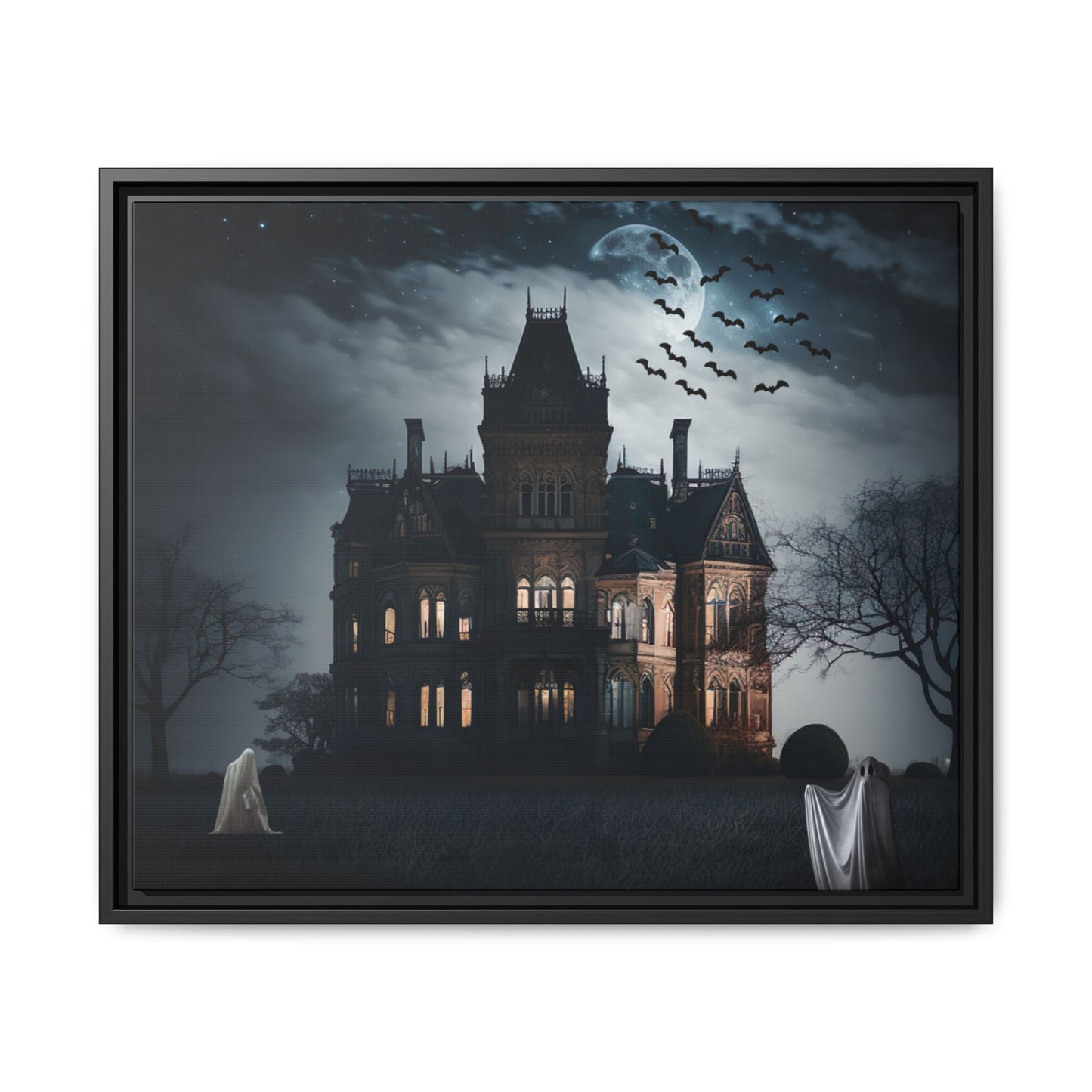 Framed artwork of a haunted house at night with ghosts and bats.