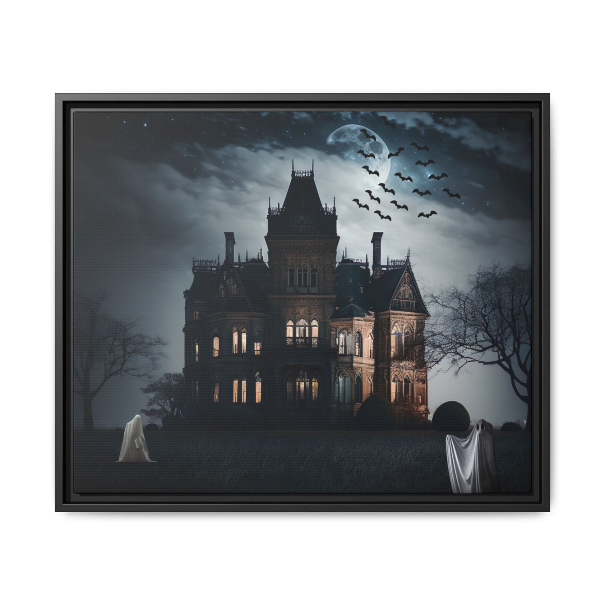 Framed artwork of a haunted house at night with ghosts and bats.