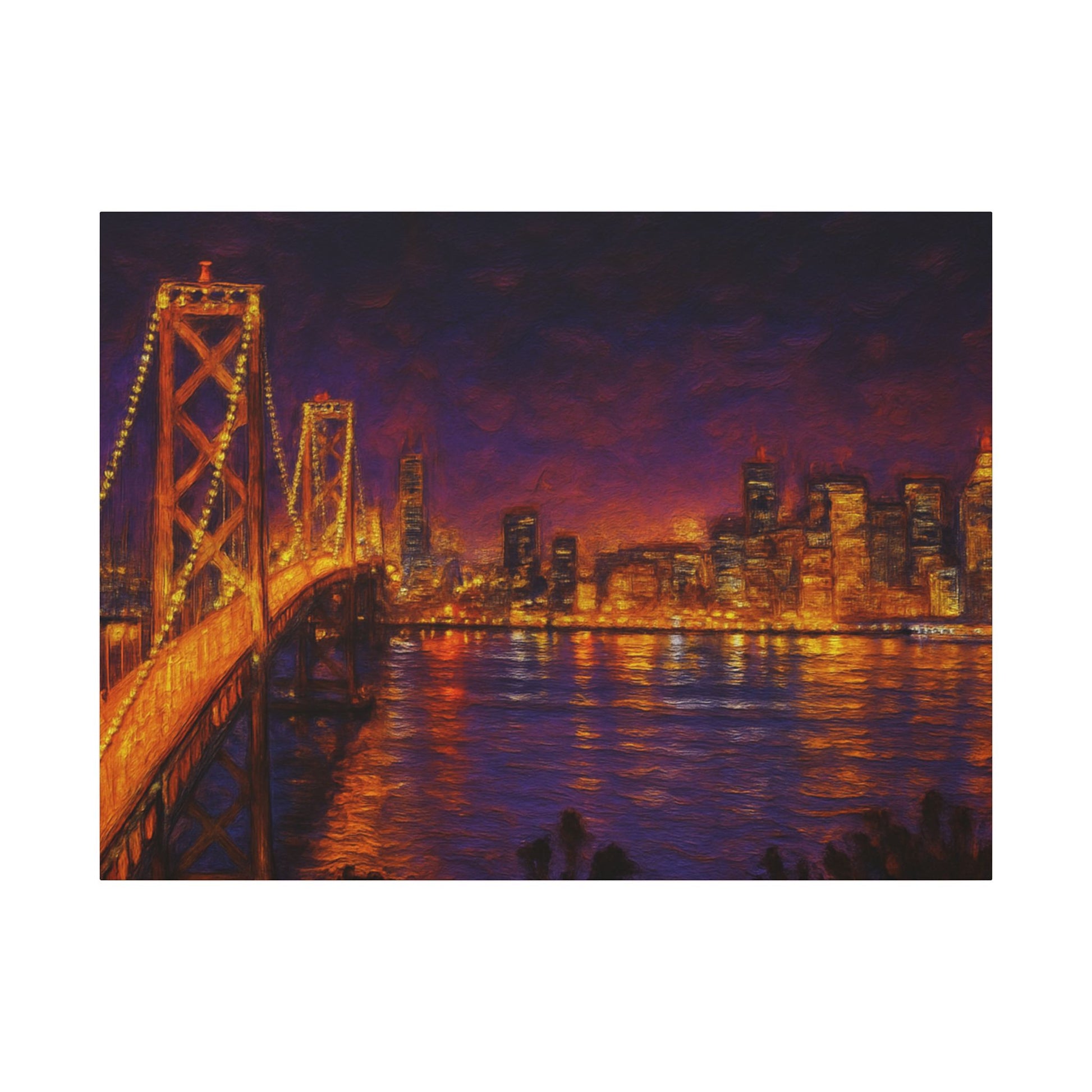 City skyline with illuminated bridge at night
