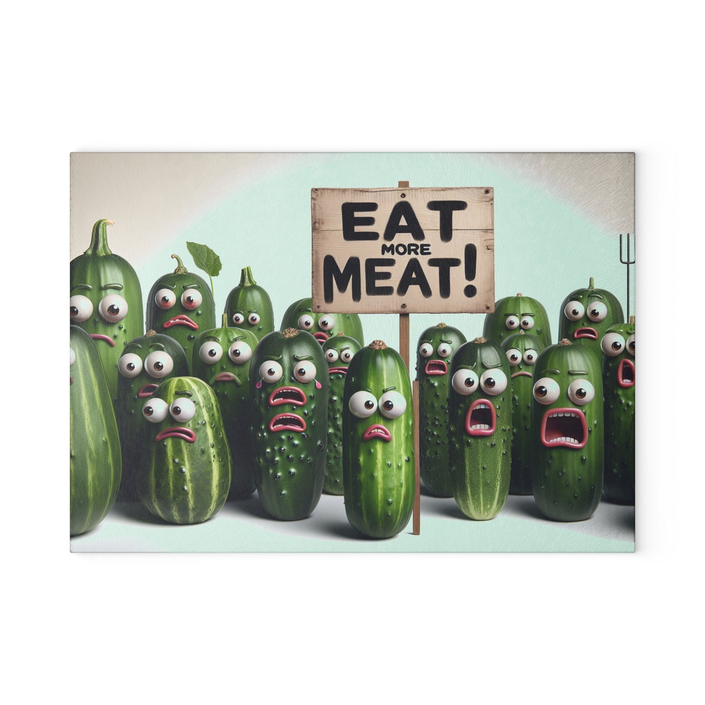 Cartoon cucumbers with facial expressions holding a sign that says 'Eat More Meat' on a light green background.