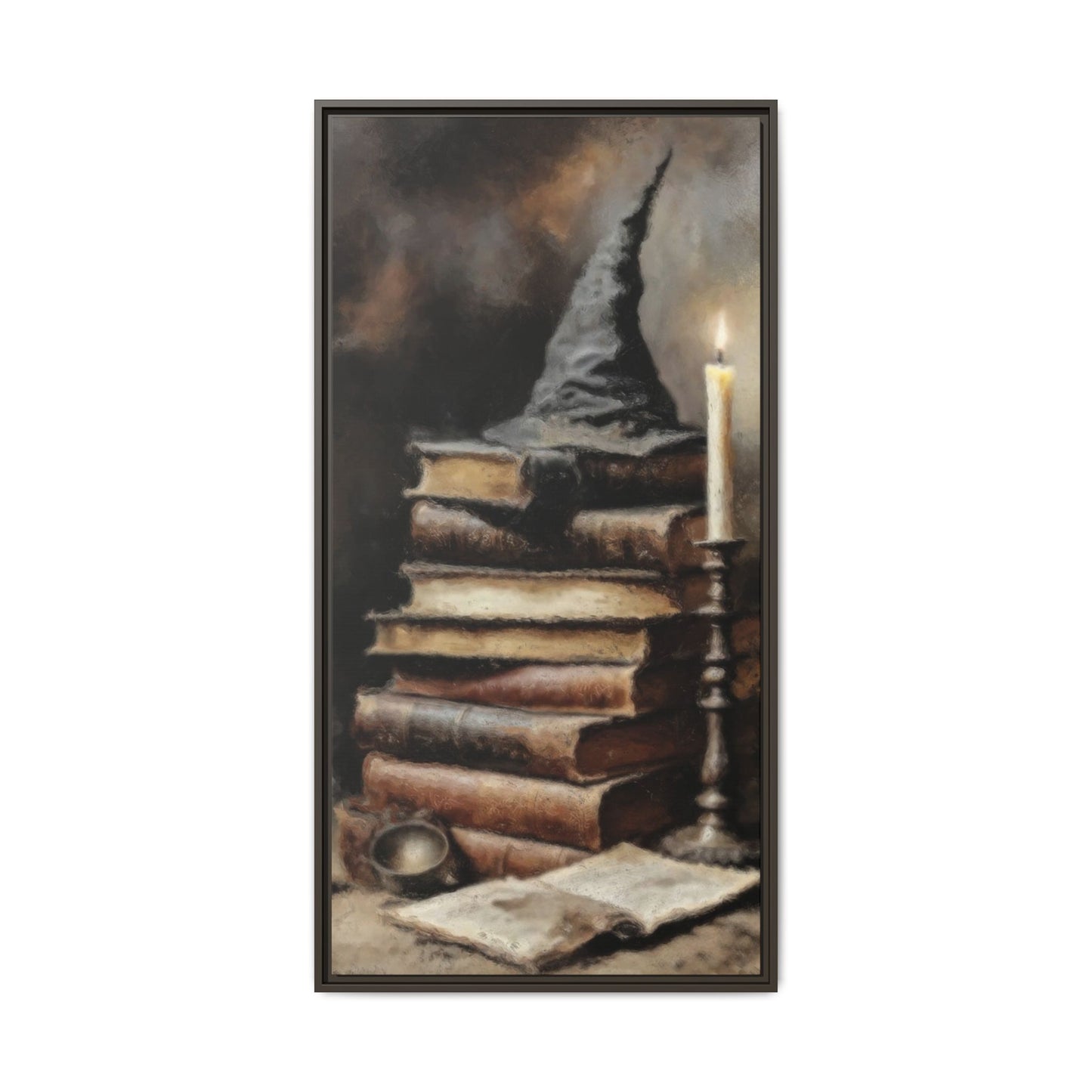 Framed artwork of a wizard's hat on books with a candle, on a white background
