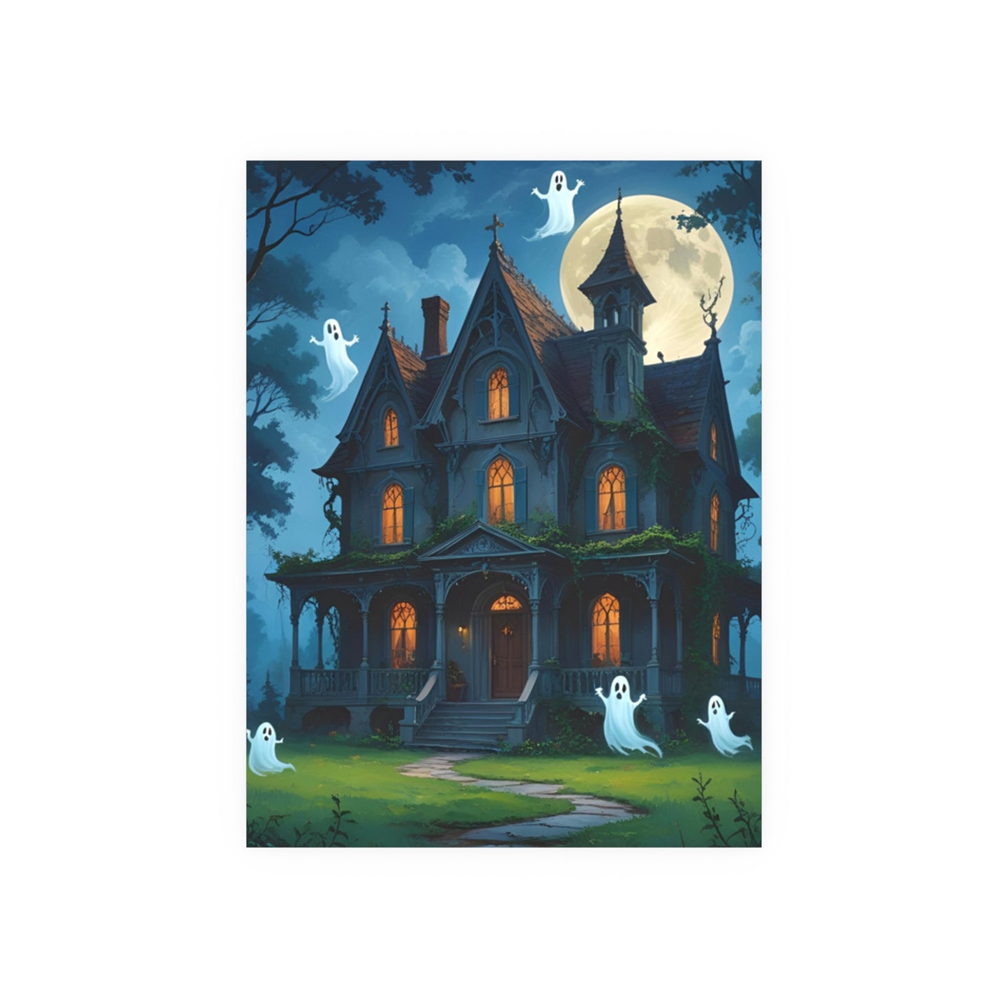 Haunted House Ghosts Poster — Friendly Ghosts Floating Around a Haunted House