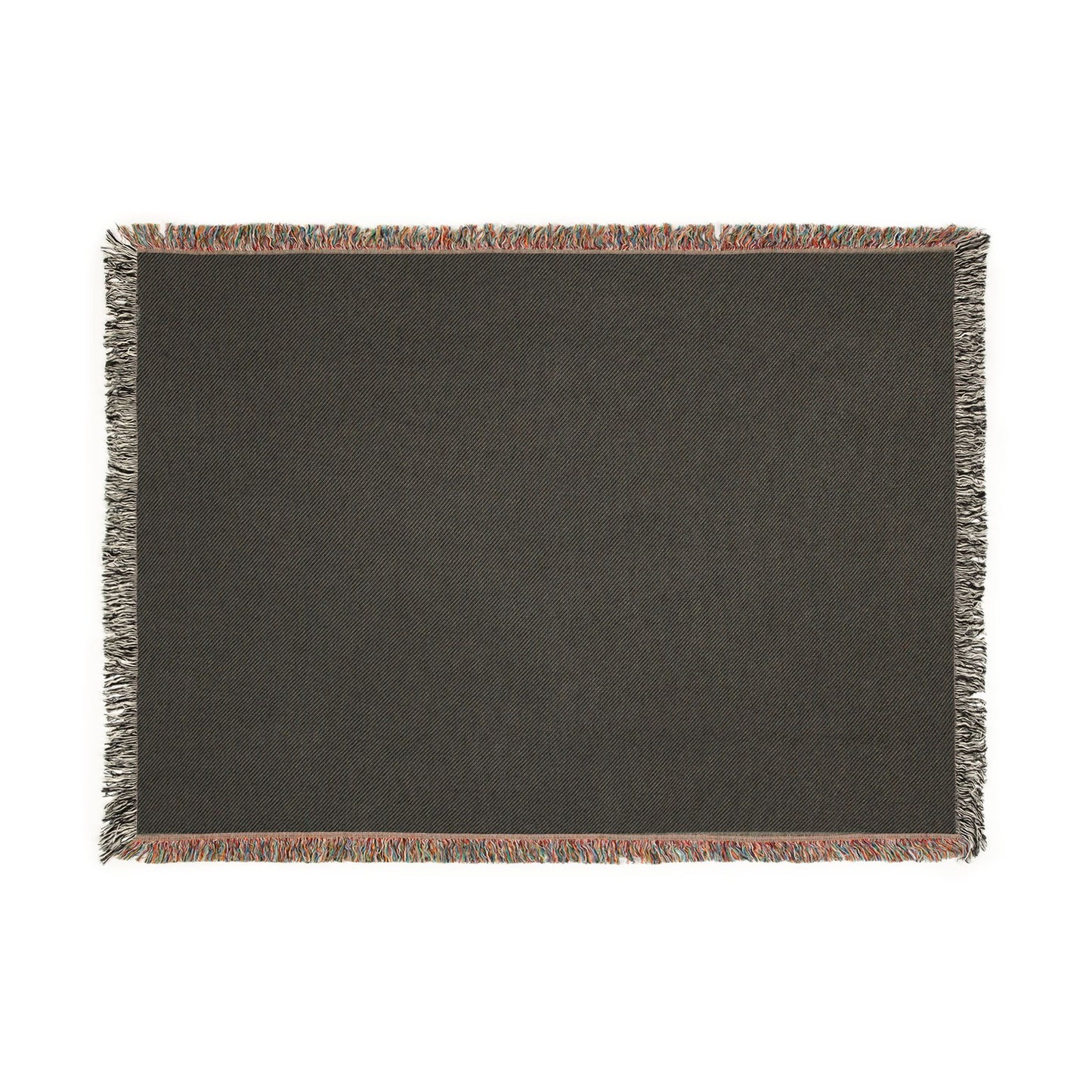 Dark gray woven blanket with fringe on a white background