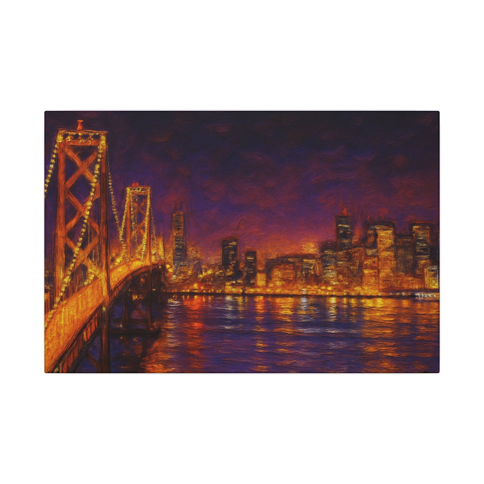 City skyline with a bridge at night, illuminated by lights.