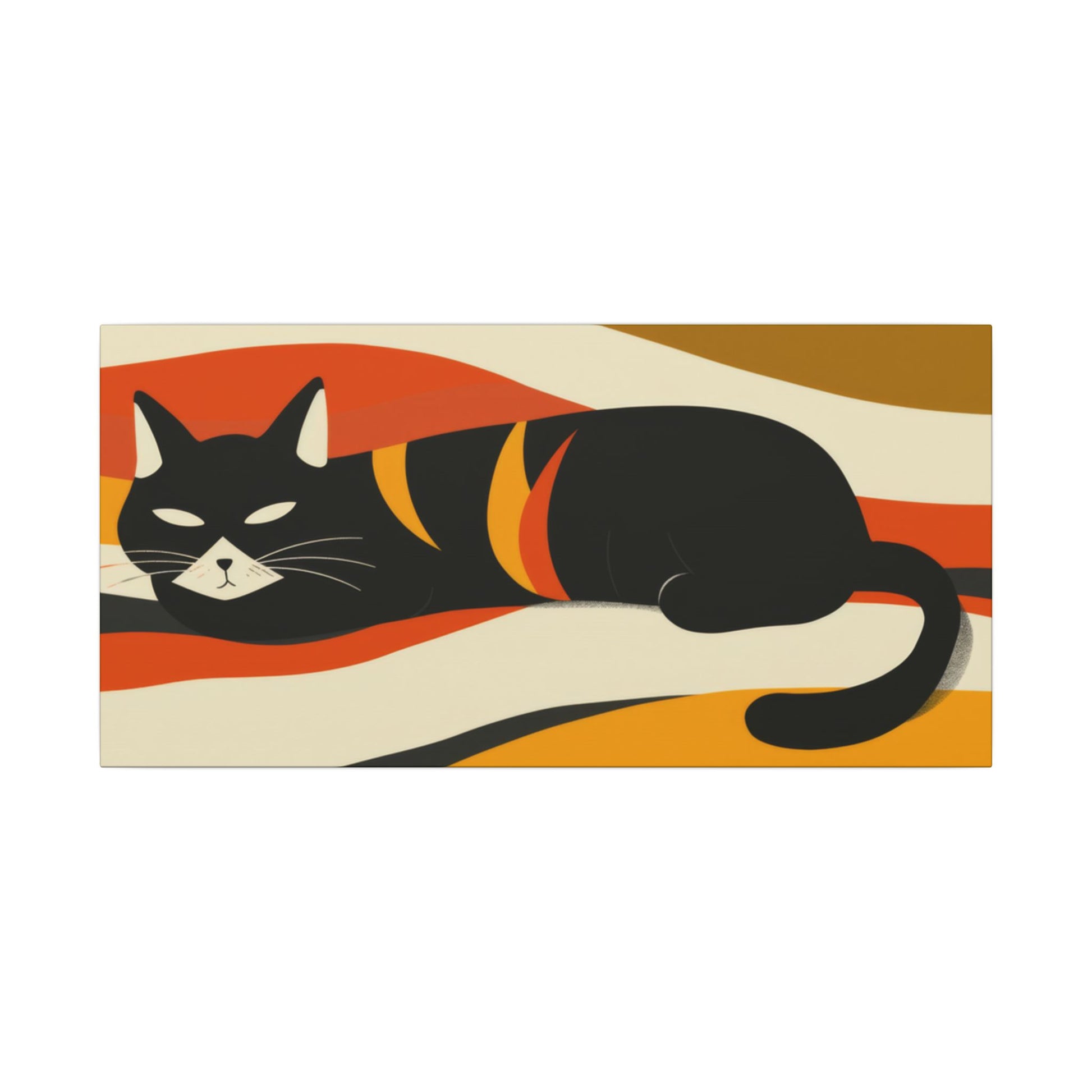 Illustration of a black cat with orange stripes on a striped background