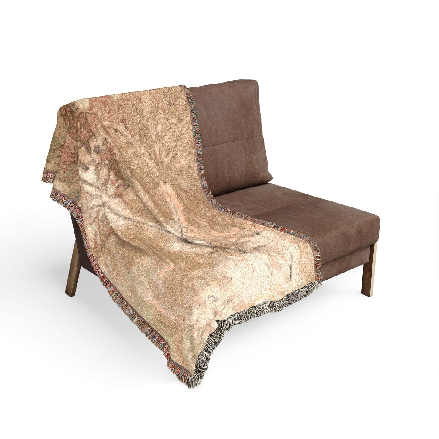 Brown chair with a patterned beige blanket draped over it on a white background