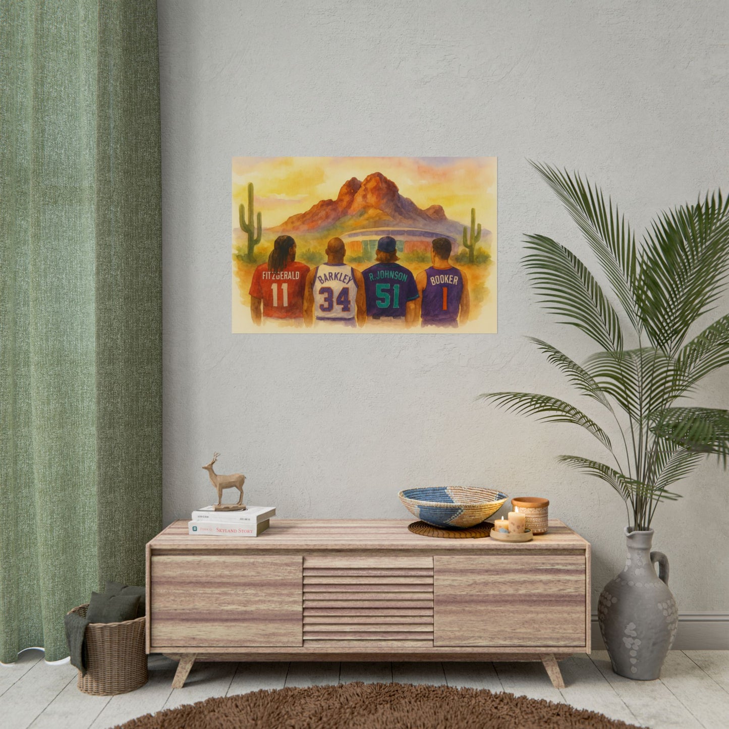 Room interior with a wooden cabinet, decorative items, and a painting of four people in front of a desert landscape.