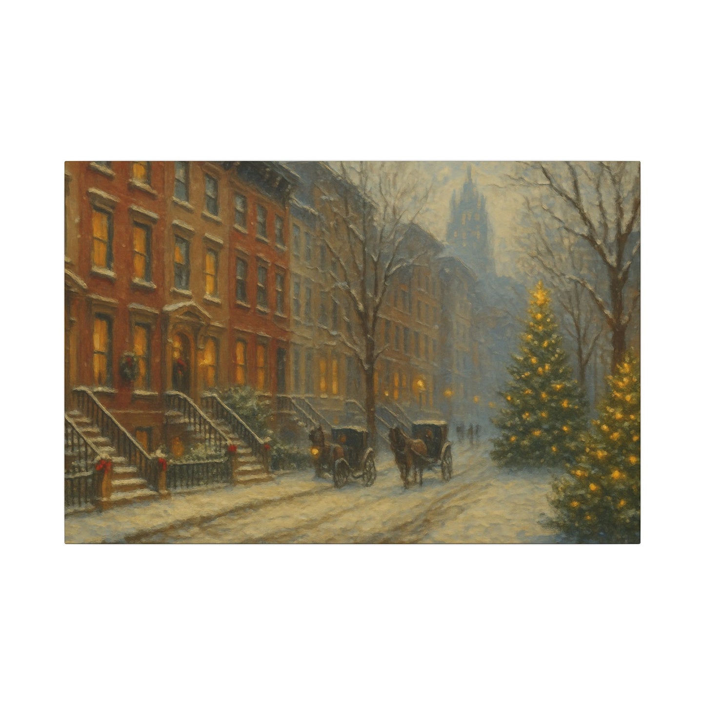 Painting of a snowy street scene with horse-drawn carriages and a Christmas tree.