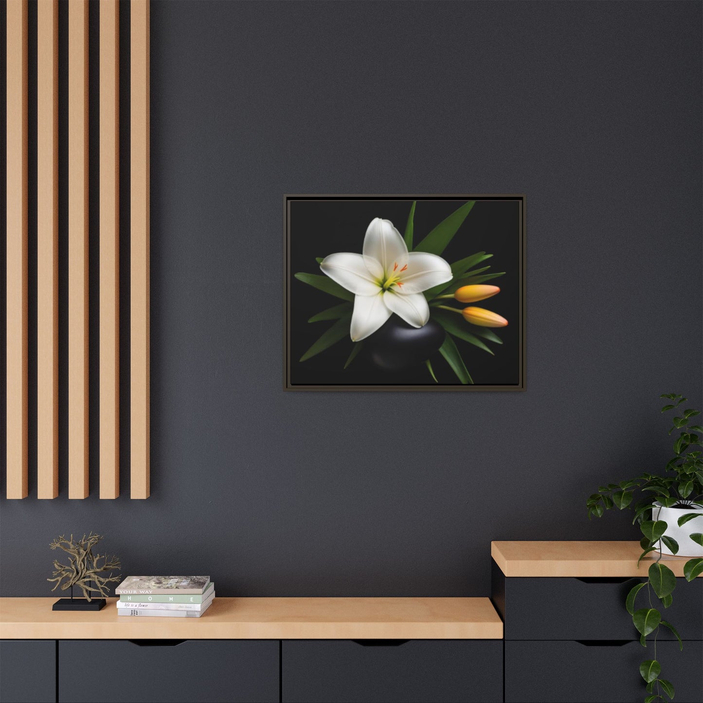 White Lily Wall Art Canvas Print Framed | Elegant Floral Wall Decor for Bedroom, Living Room, Bathroom