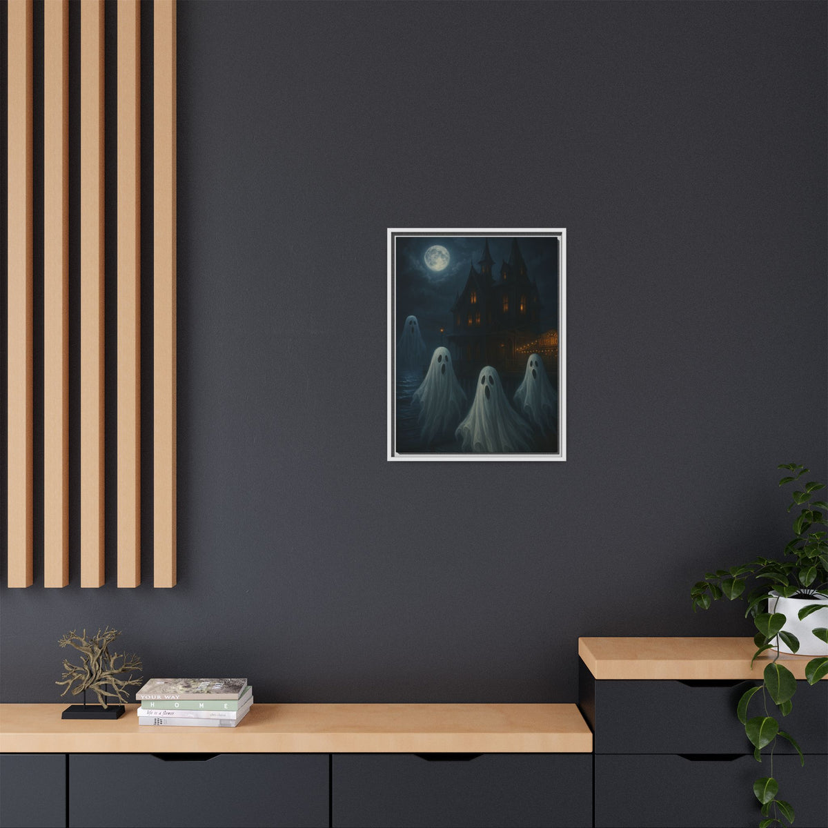 Haunted House Ghost Canvas Wall Art – Spooky Halloween Framed Art, Vintage Horror Decor, Gothic Night Scene Print