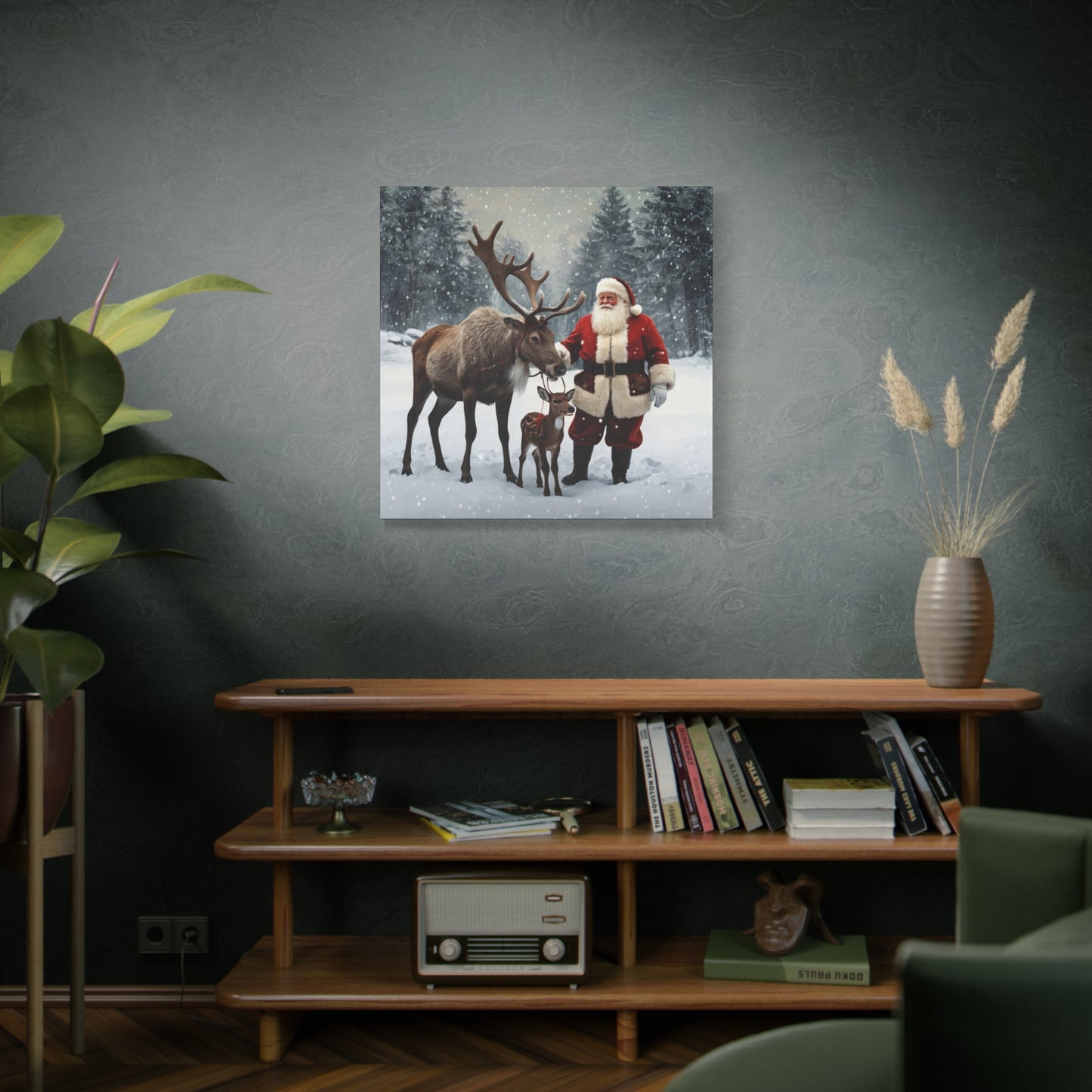 Santa with Reindeer Christmas Wall Art Canvas | Festive Holiday Home Decor