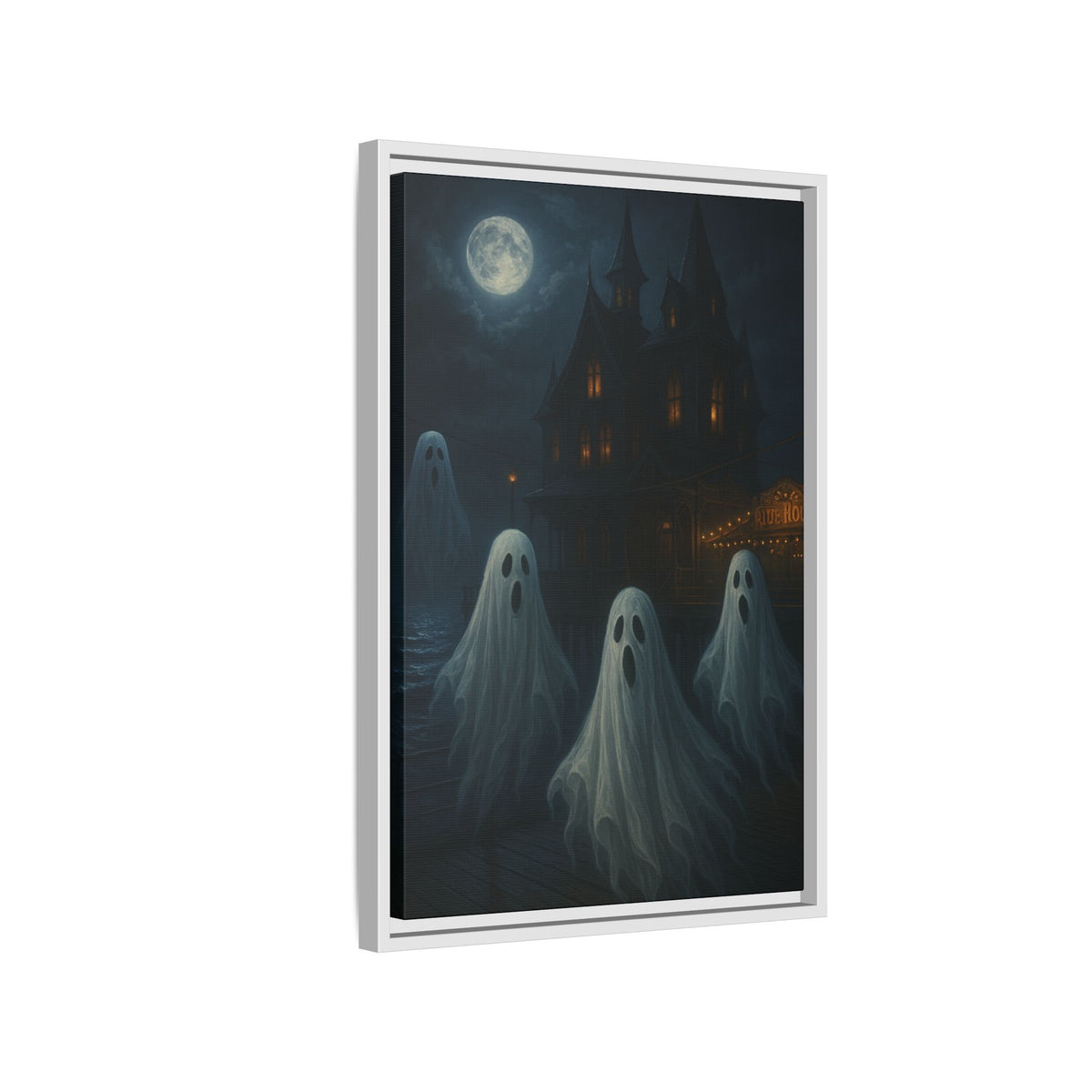 Haunted House Ghost Canvas Wall Art – Spooky Halloween Framed Art, Vintage Horror Decor, Gothic Night Scene Print