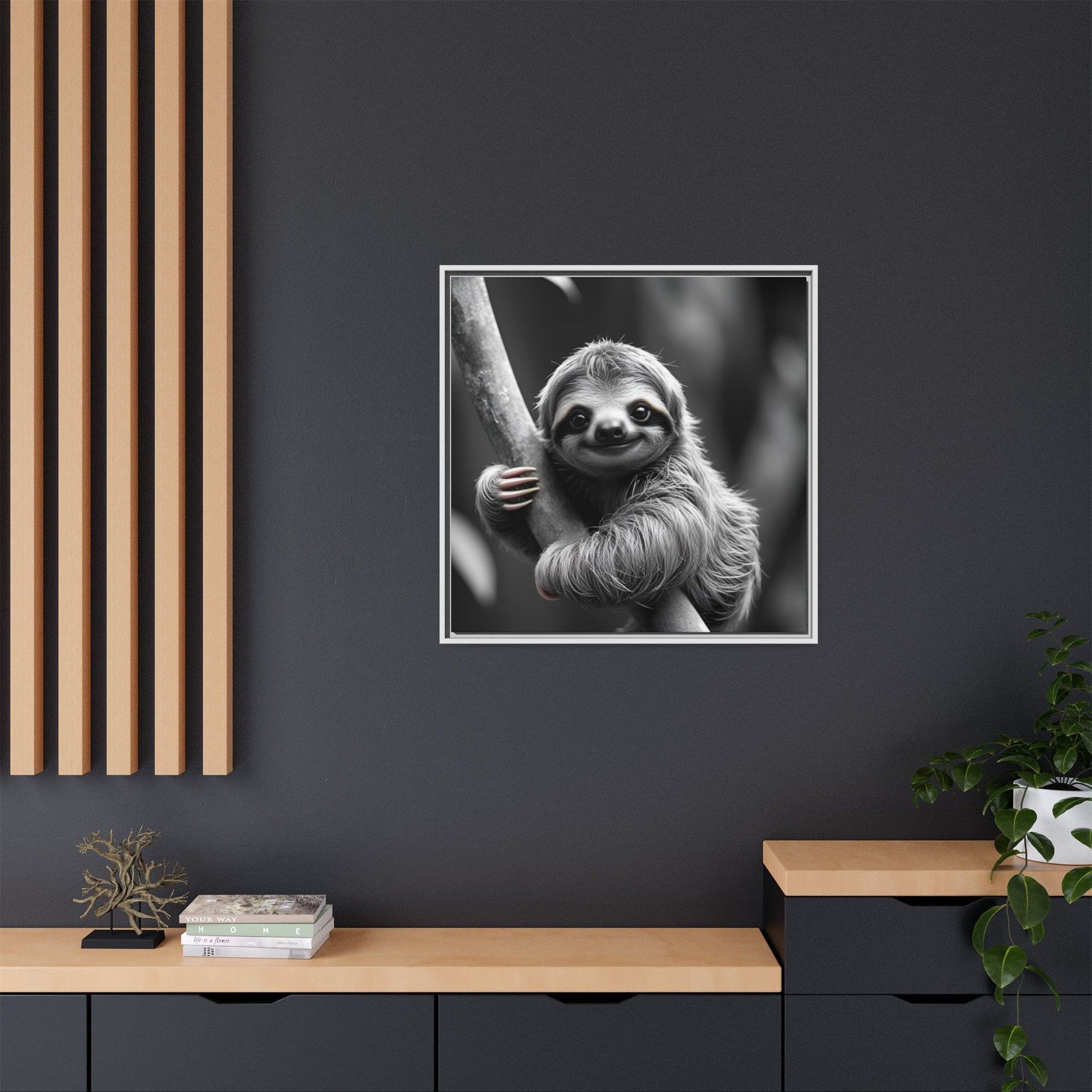 Framed black and white photo of a sloth on a dark wall with wooden shelves.