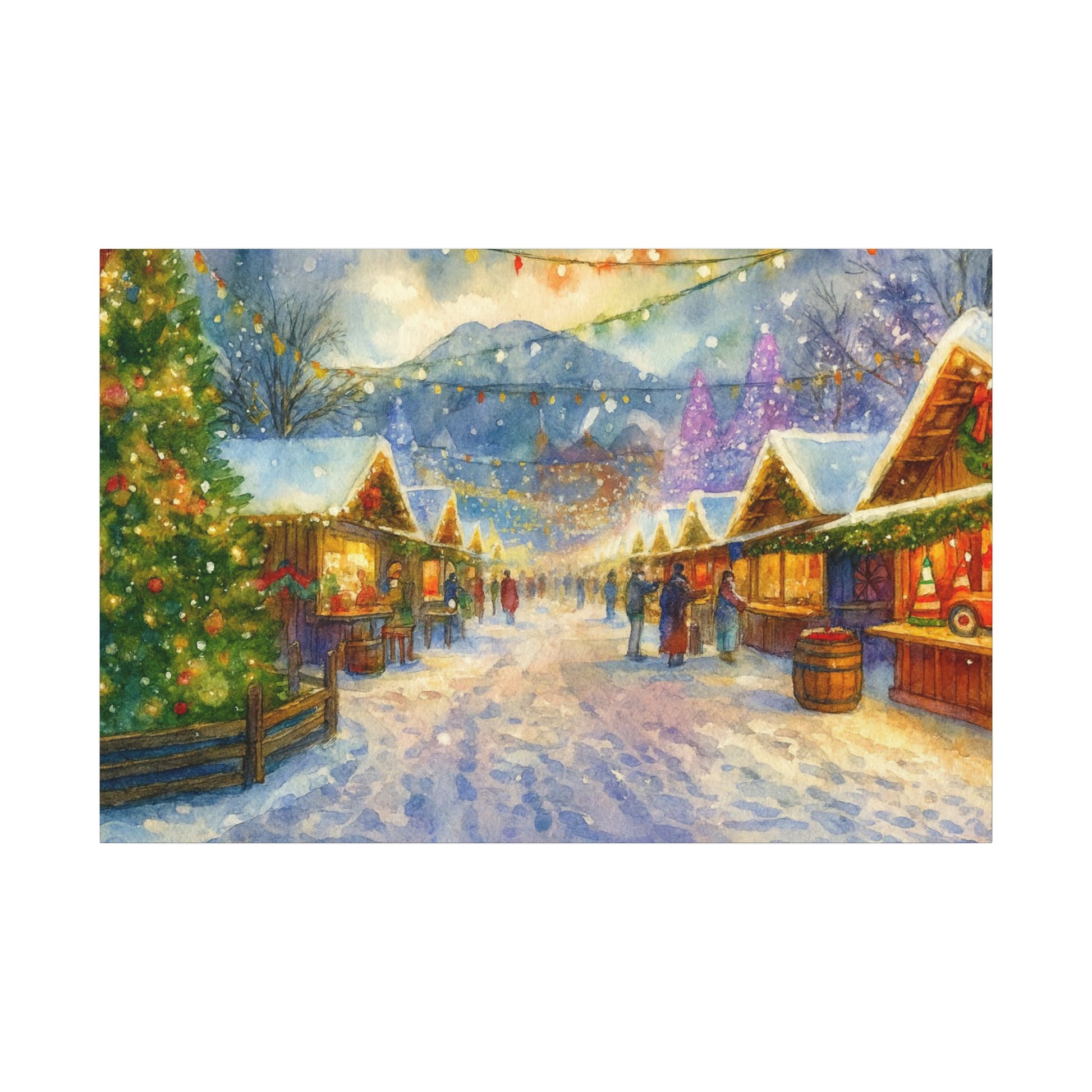 Winter market scene with snow-covered stalls and people walking around, decorated with lights and trees.
