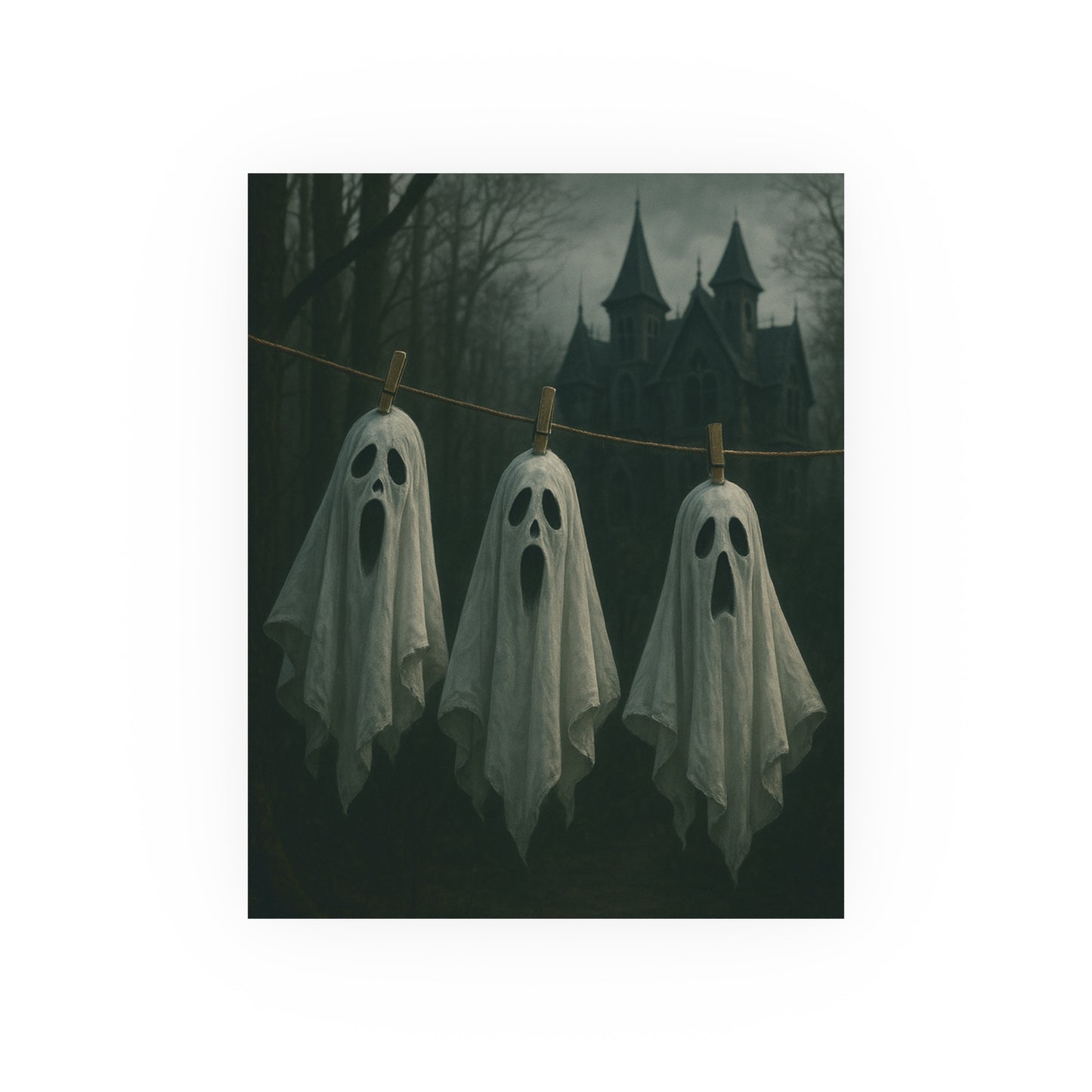 Three ghostly figures hanging on a line with a spooky castle in the background