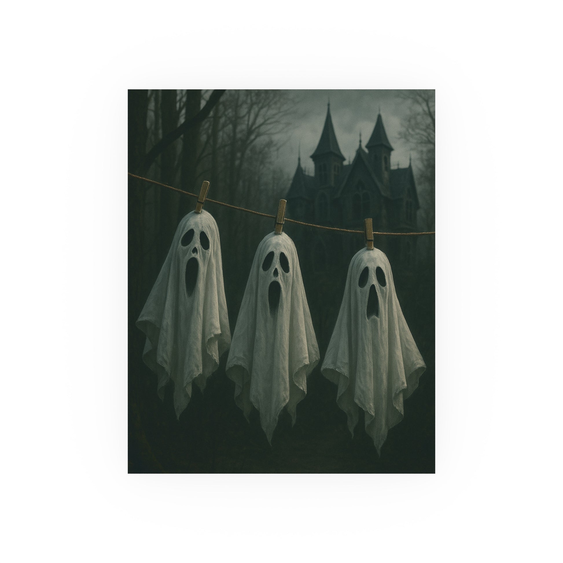 Three ghostly figures hanging on a line with a spooky castle in the background