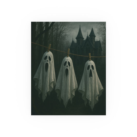 Three ghostly figures hanging on a line with a spooky castle in the background