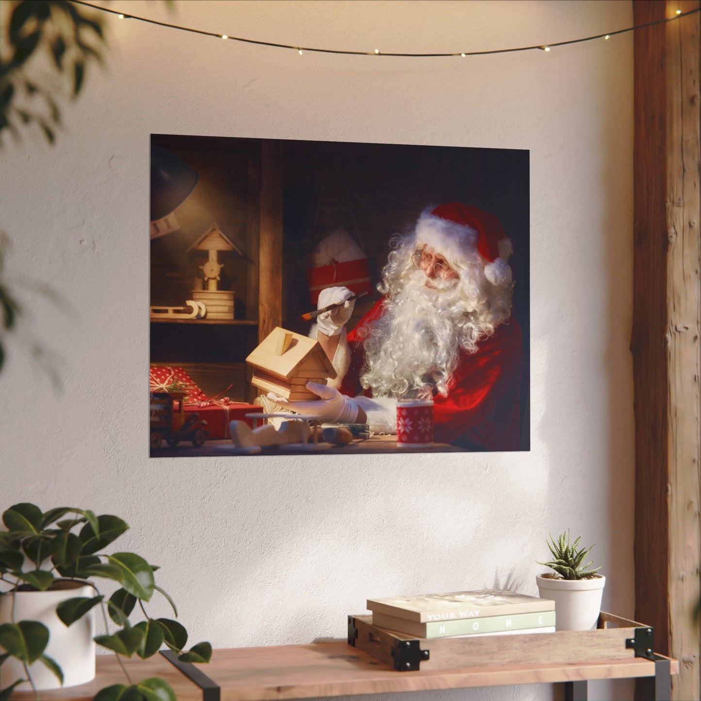 Santa's Workshop Poster, Christmas Wall Art of Santa Making Toys, Vintage Holiday Print, Santa Claus in Toy Shop, Festive Christmas Poster
