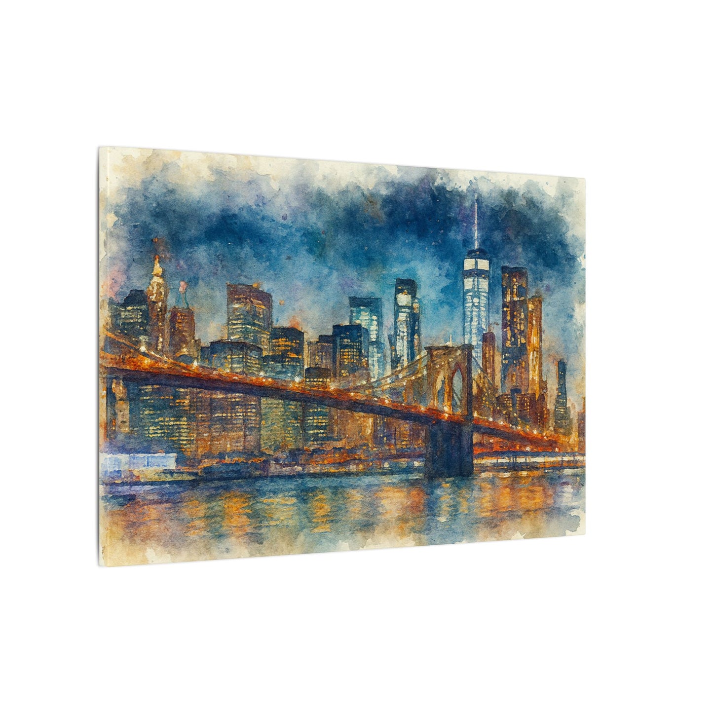NYC Skyline Watercolor Art Print, Brooklyn Bridge Night Painting, New York City Wall Decor, Skyline Canvas Print, Urban Landscape