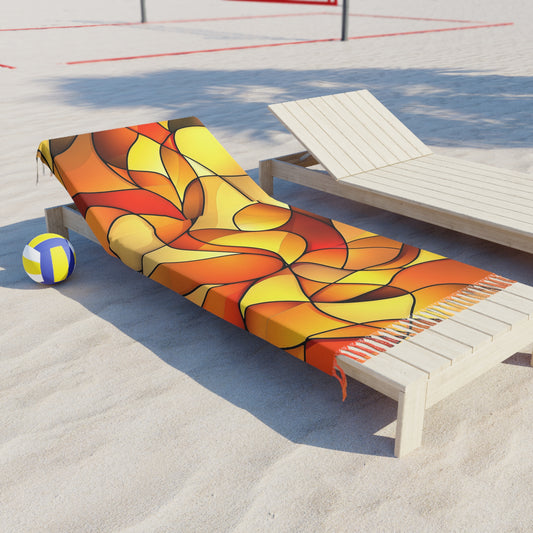 Abstract Boho Beach Throw Blanket | Stained Glass Style Fringe Towel | Artistic Coastal Decor