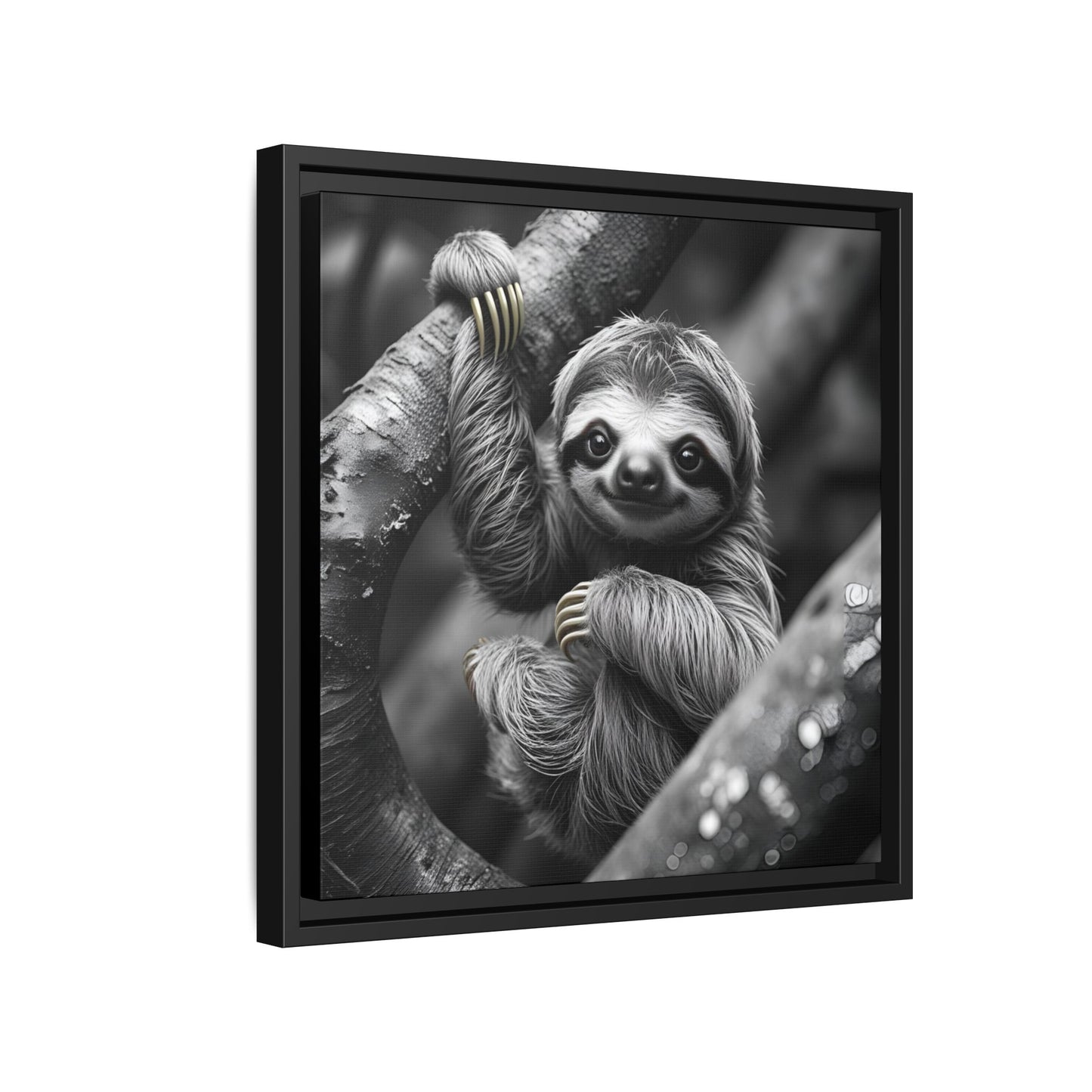 Smiling Sloth Hanging on Tree Branch Wall Art on Framed Canvas, Sloth Lover Gift, Nursery Decor, Wildlife Artwork