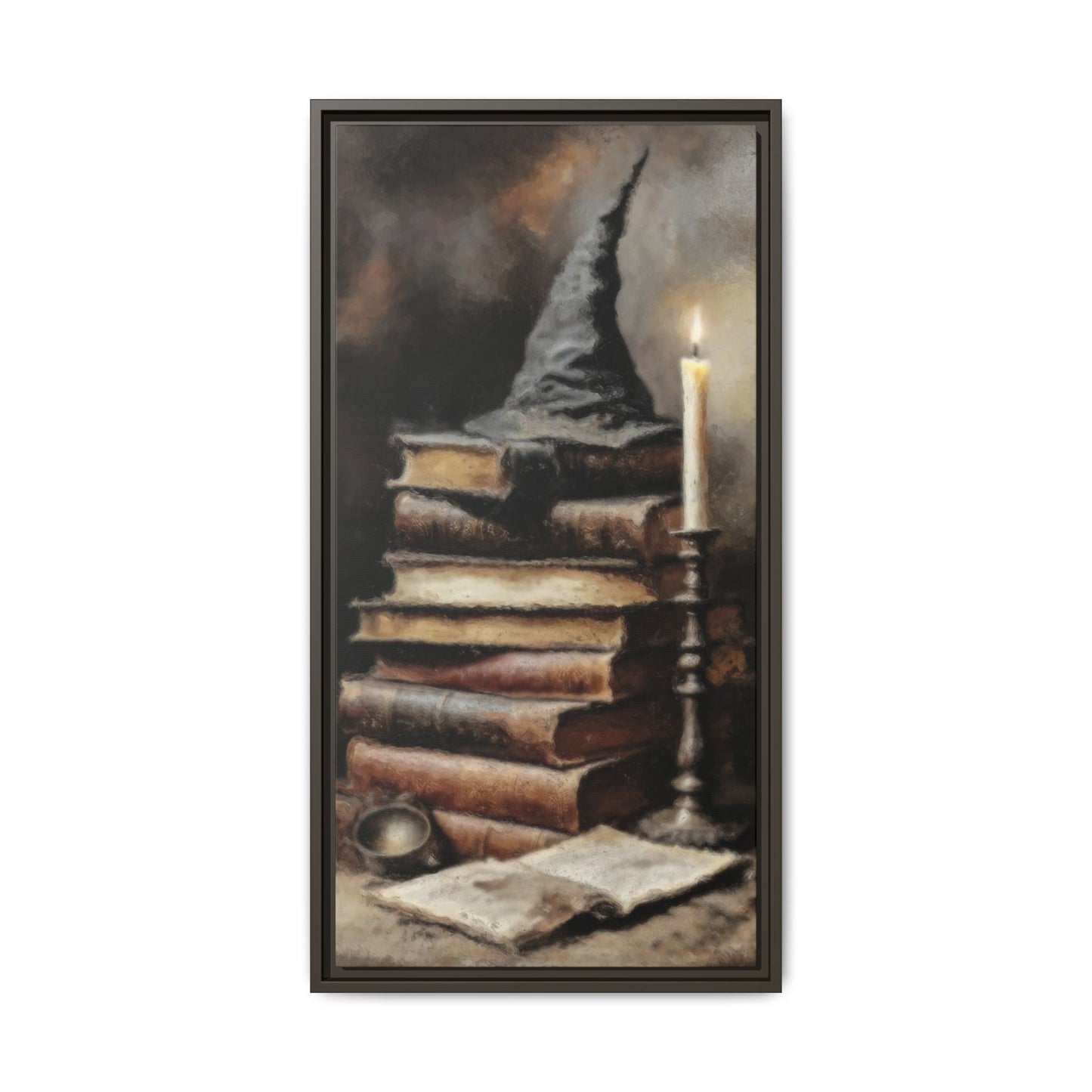 Framed artwork of a wizard's hat on books with a candle, on a white background