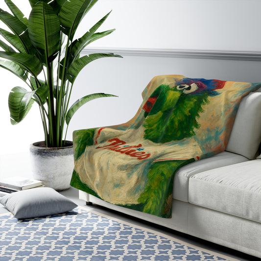 Colorful blanket with a green cartoon character draped over a white couch in a living room setting.