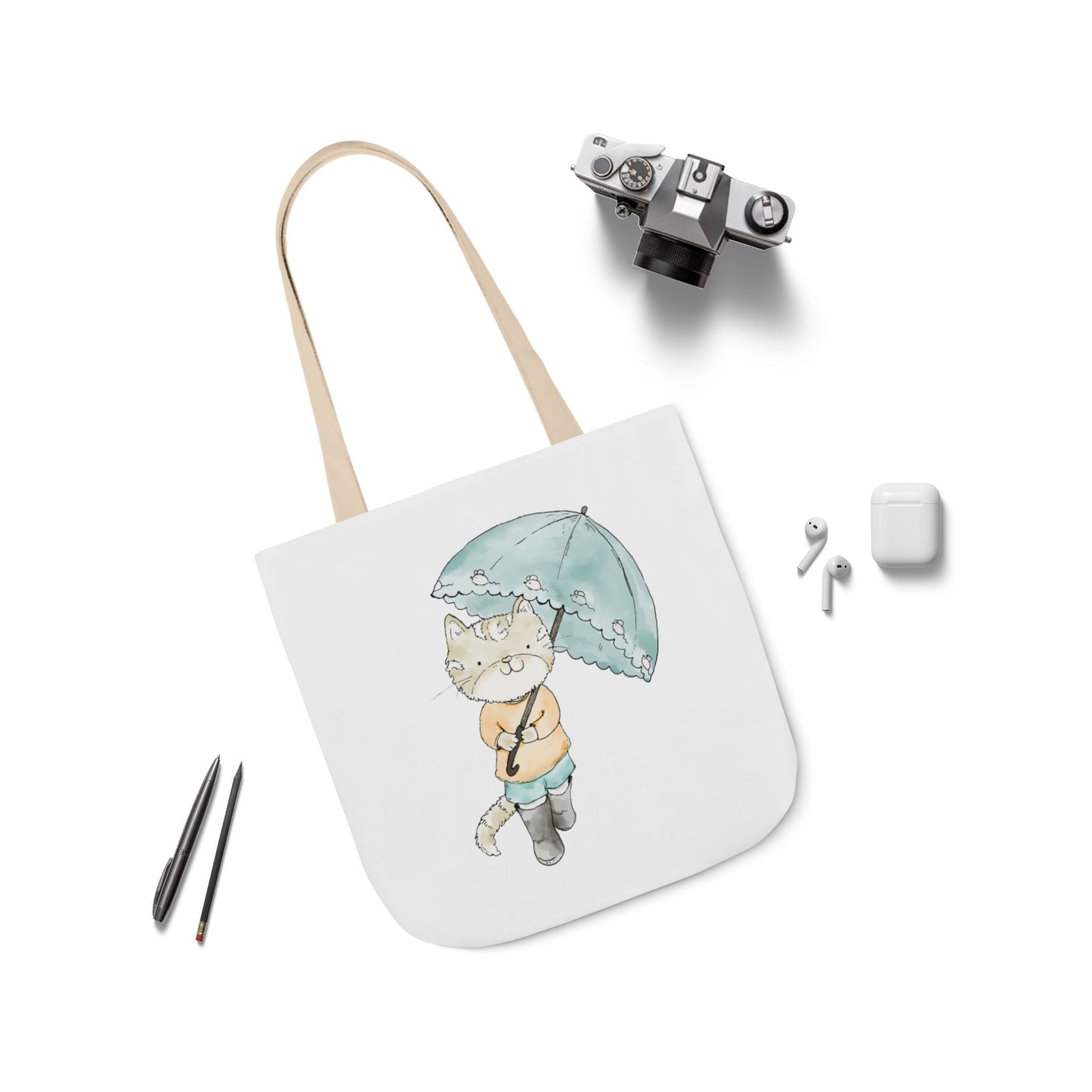 Cat Lover Tote Bag Cute Kitty with Umbrella Rain Boots Cat Lover Eco Tote Bag