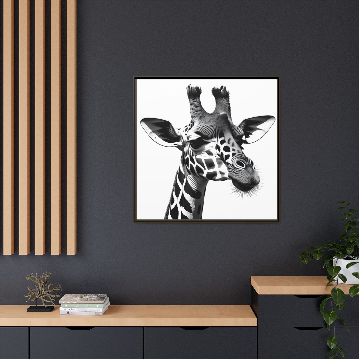 Black and White Giraffe Wall Art – Framed Safari Animal Canvas Print
