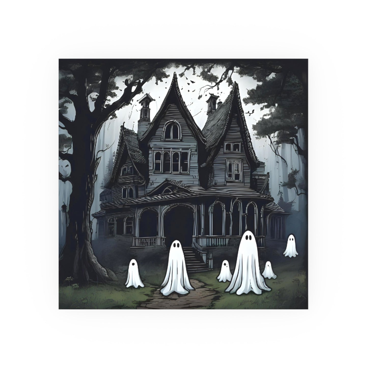Haunted Victorian House Ghost Wall Art Print | Spooky Cute Halloween Ghost Illustration | Gothic Haunted House Decor | Halloween Wall Art