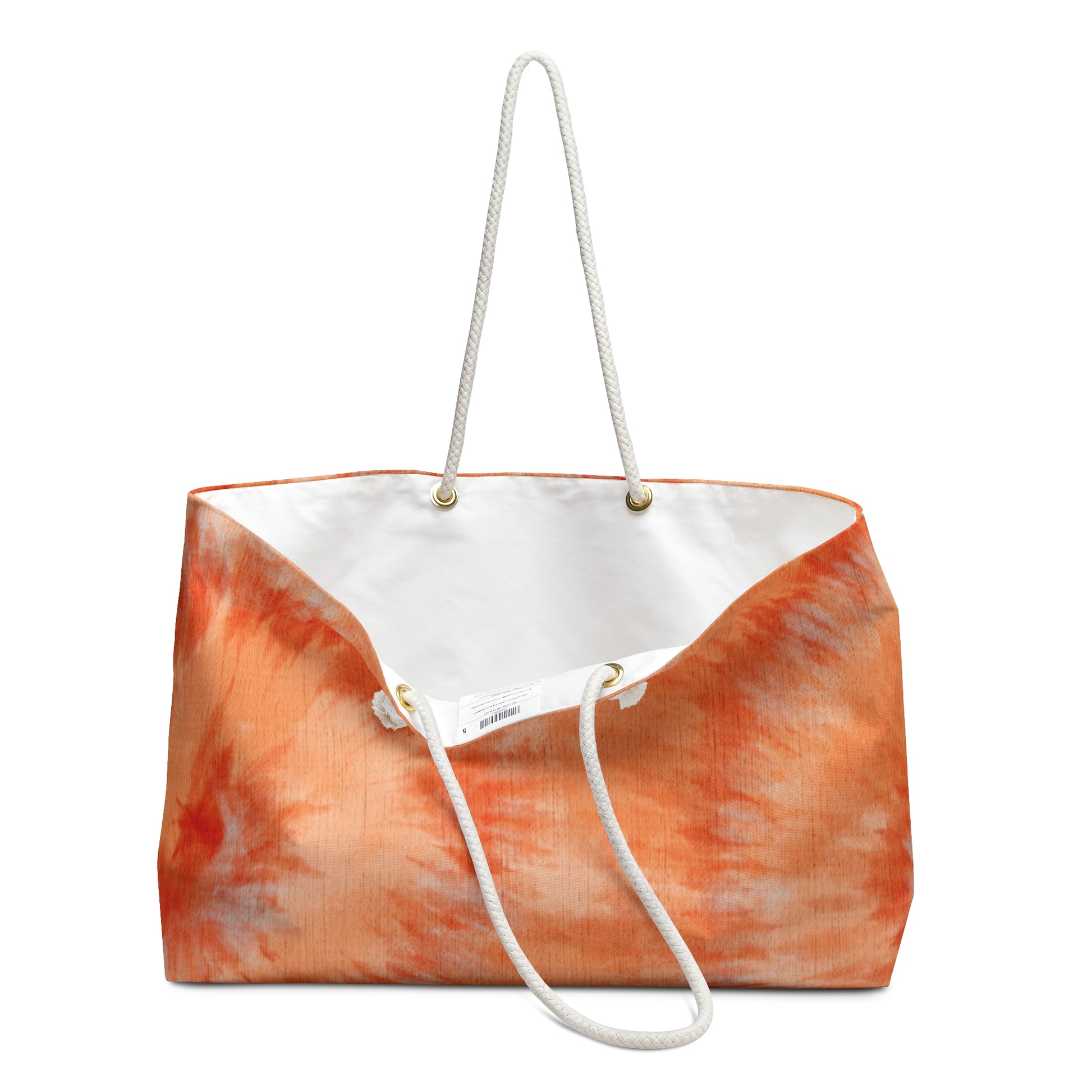 Tote bag with orange and white abstract pattern on a white background