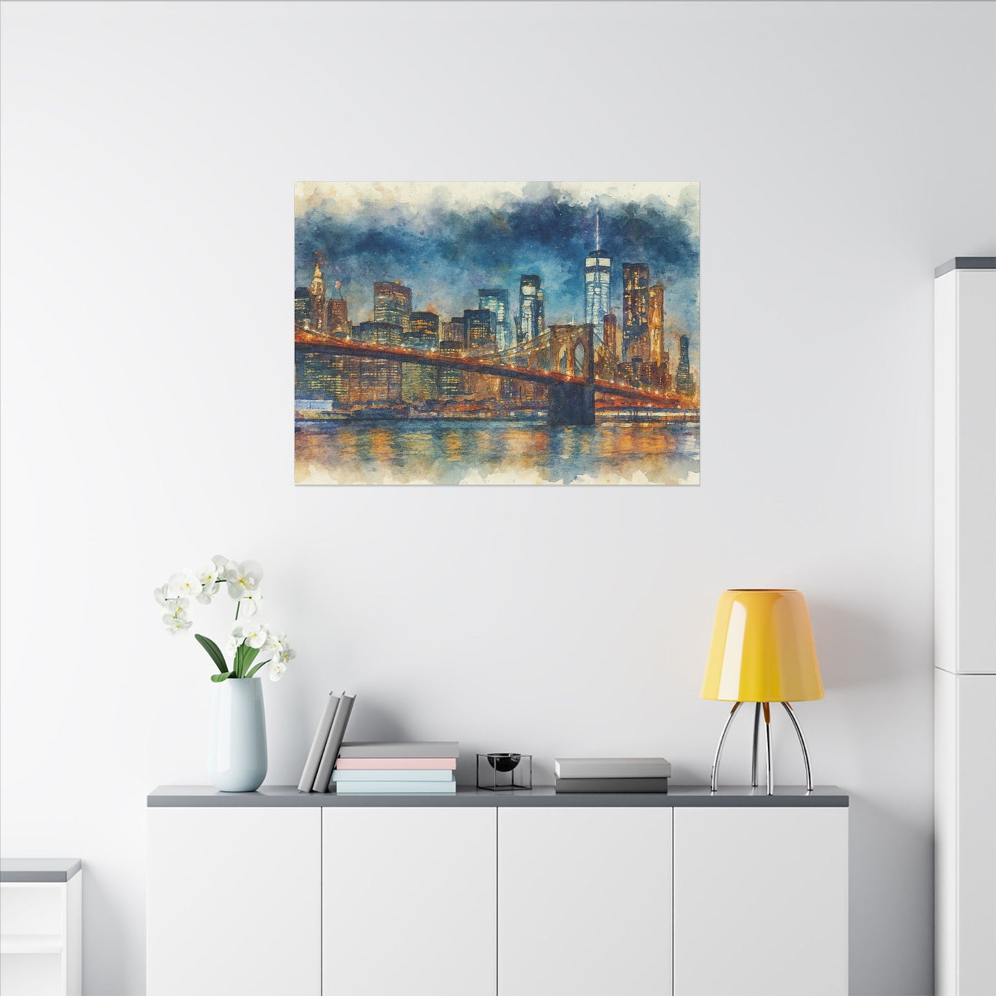 NYC Skyline Watercolor Art Print, Brooklyn Bridge Night Painting, New York City Wall Decor, Skyline Canvas Print, Urban Landscape
