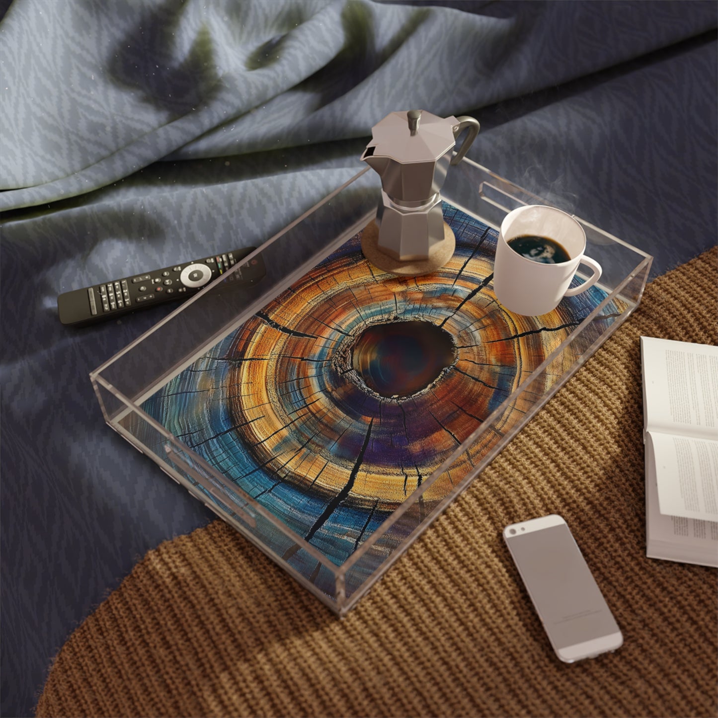 Abstract Wood Ring Art, Acrylic Serving Tray, Modern Colorful Tree Ring Coffee Table Tray