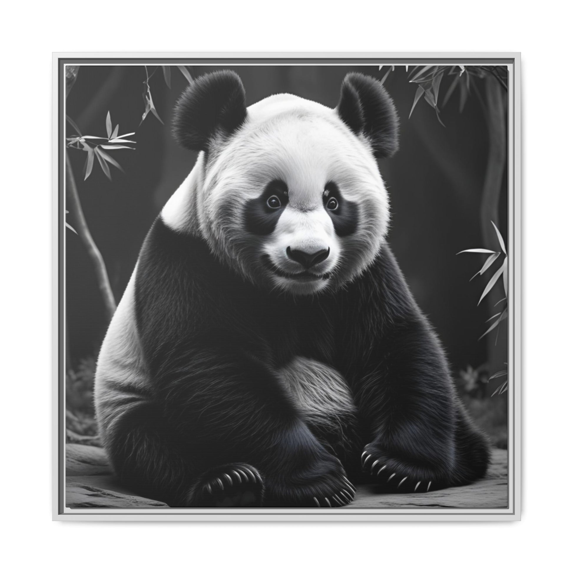 Black and white panda bear sitting on a branch with bamboo leaves in the background