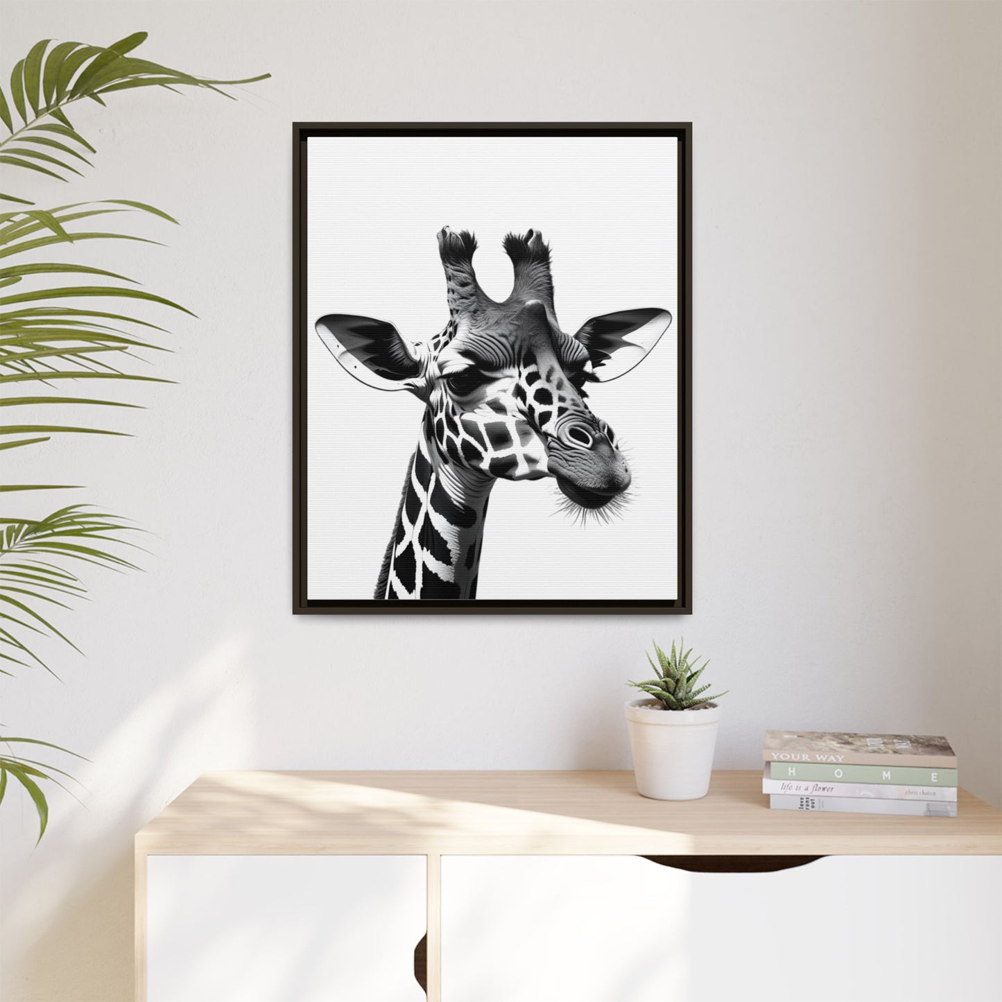 Black and White Giraffe Wall Art – Framed Safari Animal Canvas Print