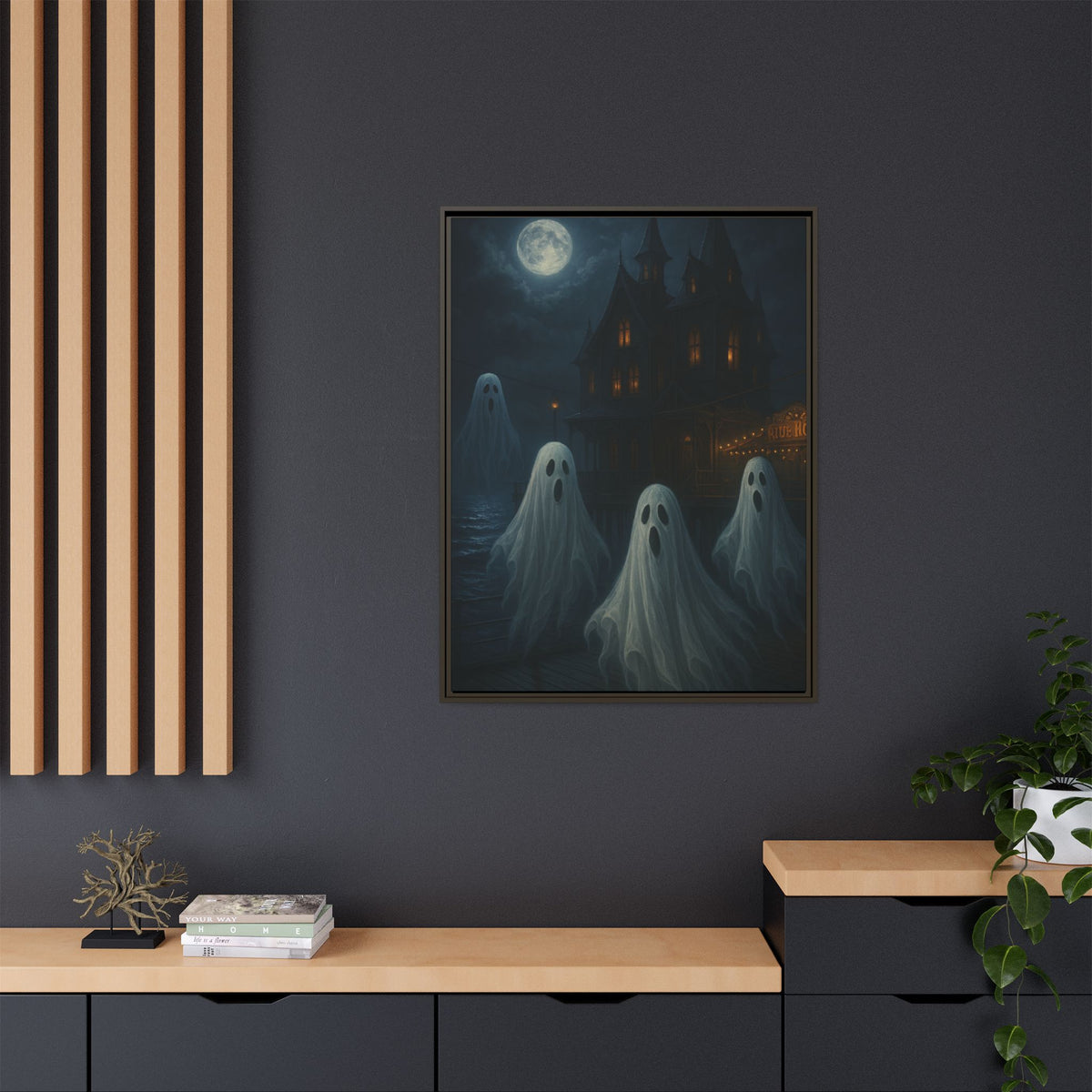 Haunted House Ghost Canvas Wall Art – Spooky Halloween Framed Art, Vintage Horror Decor, Gothic Night Scene Print