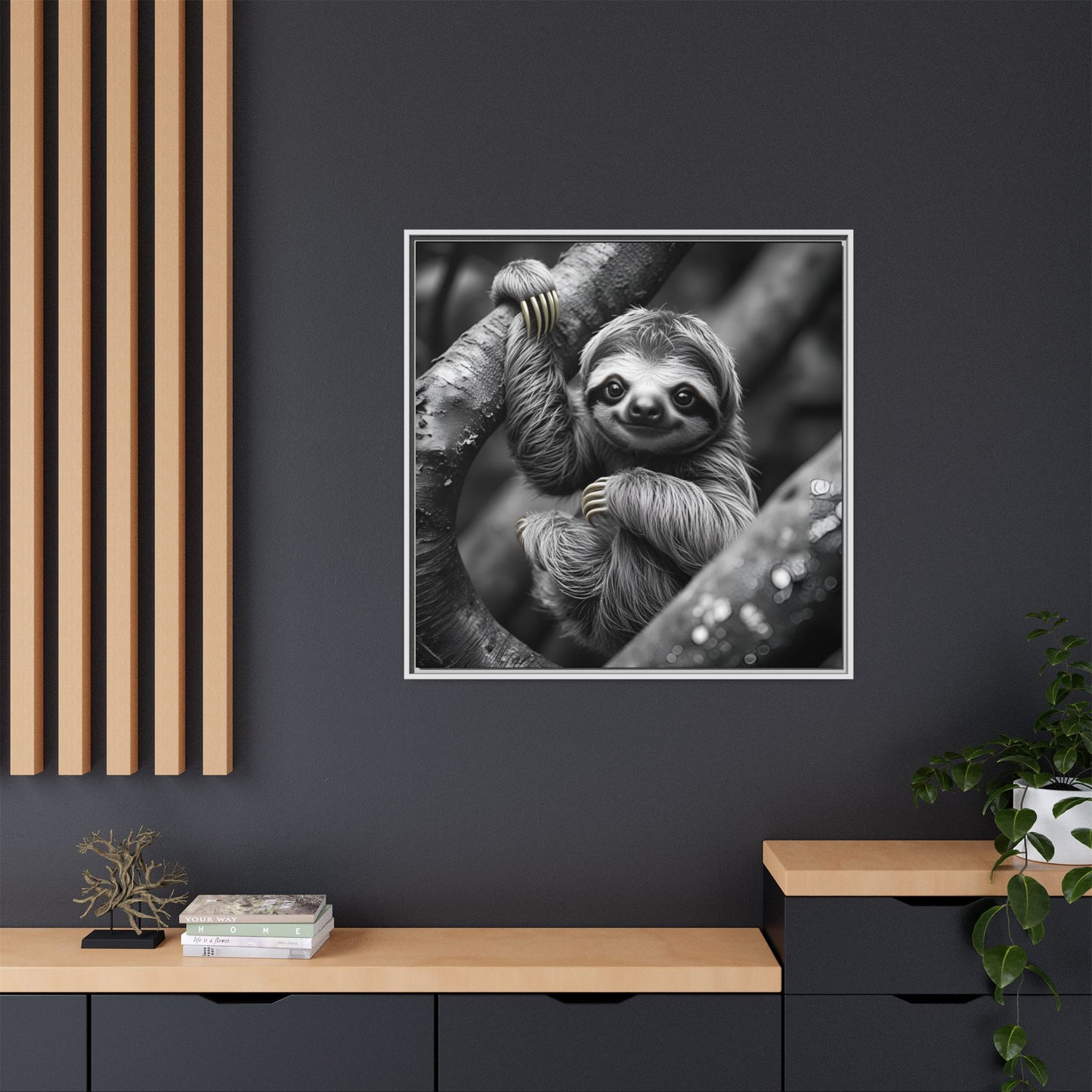 Smiling Sloth Hanging on Tree Branch Wall Art on Framed Canvas, Sloth Lover Gift, Nursery Decor, Wildlife Artwork
