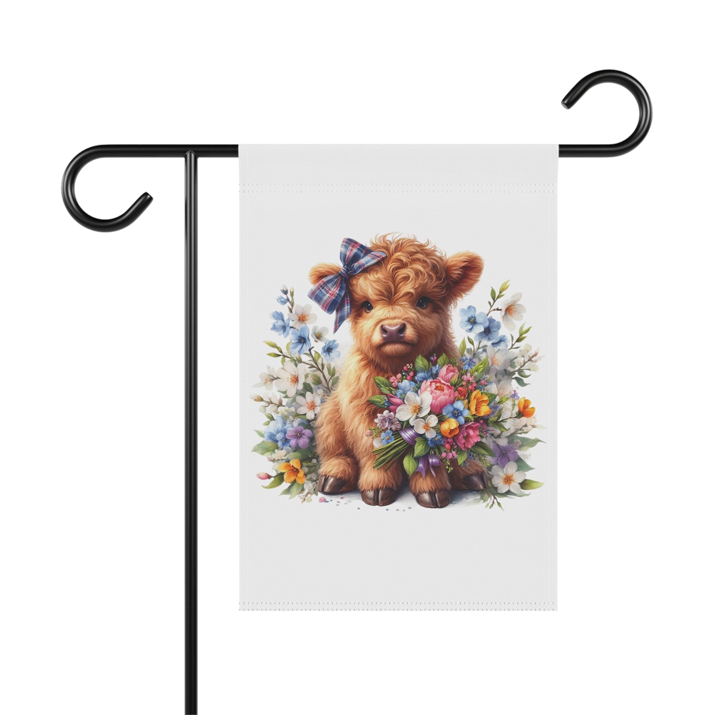 Garden flag with a cow holding flowers on a white background