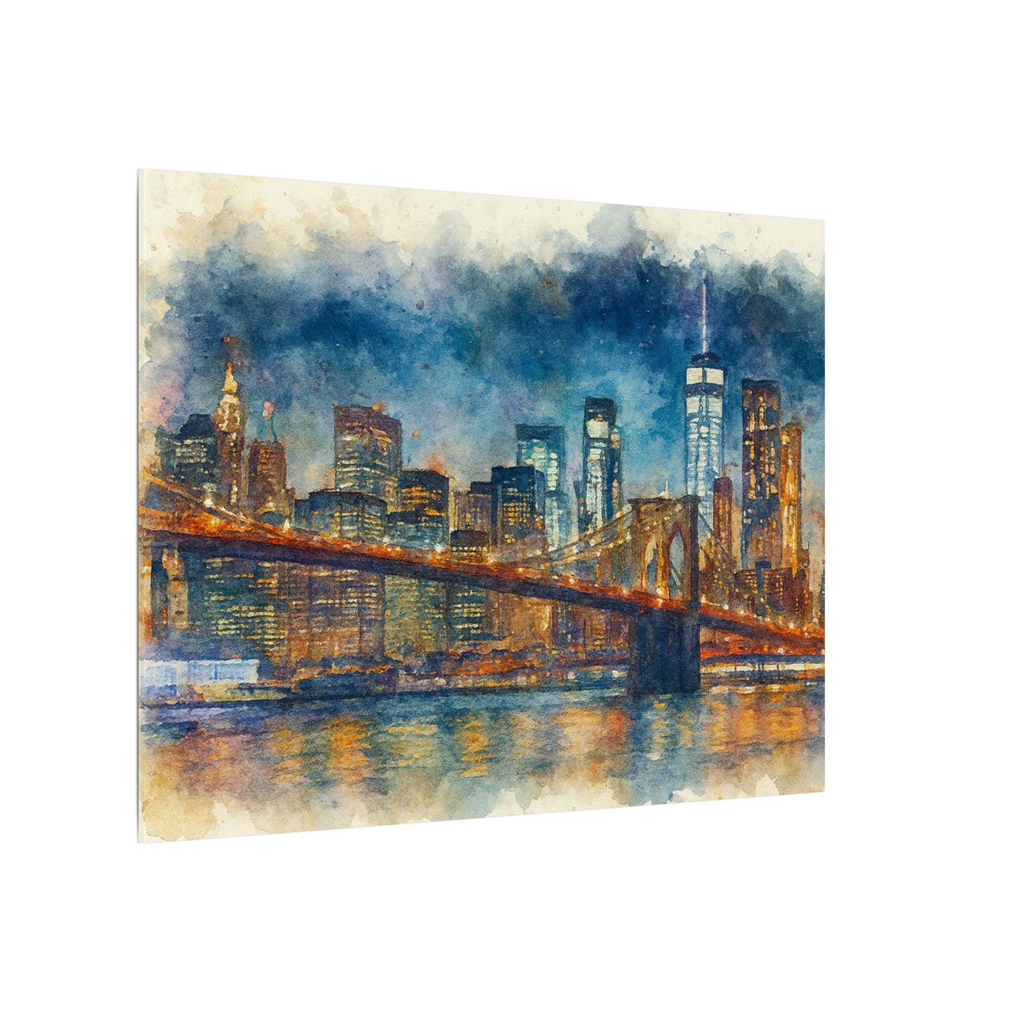 NYC Skyline Watercolor Art Print, Brooklyn Bridge Night Painting, New York City Wall Decor, Skyline Canvas Print, Urban Landscape